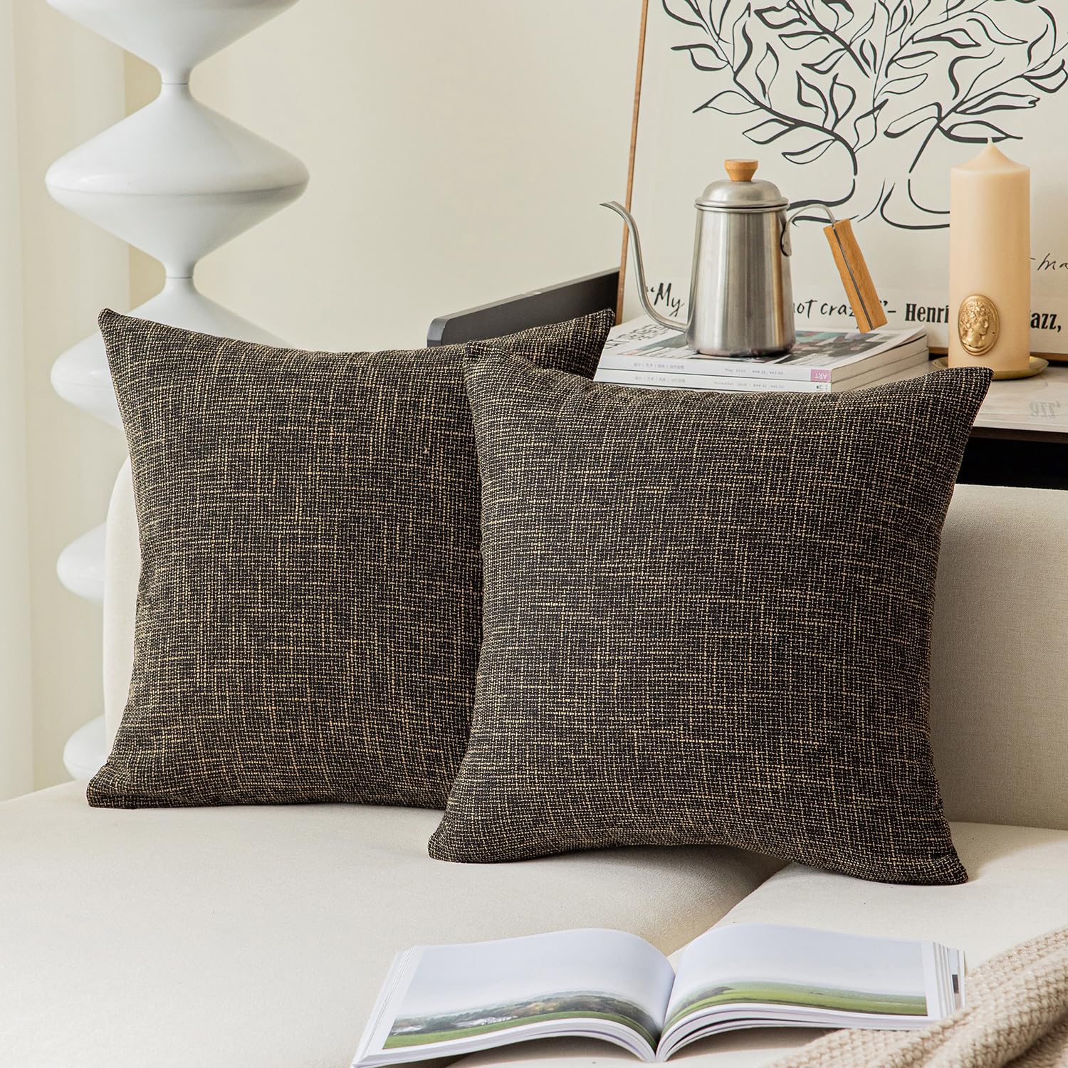 Kevin Textile Textural Faux Linen Throw Cushion Pillow Covers Shams For Couch, Invisible Zipper, 55X55Cm(Set Of 2,Black Gold)