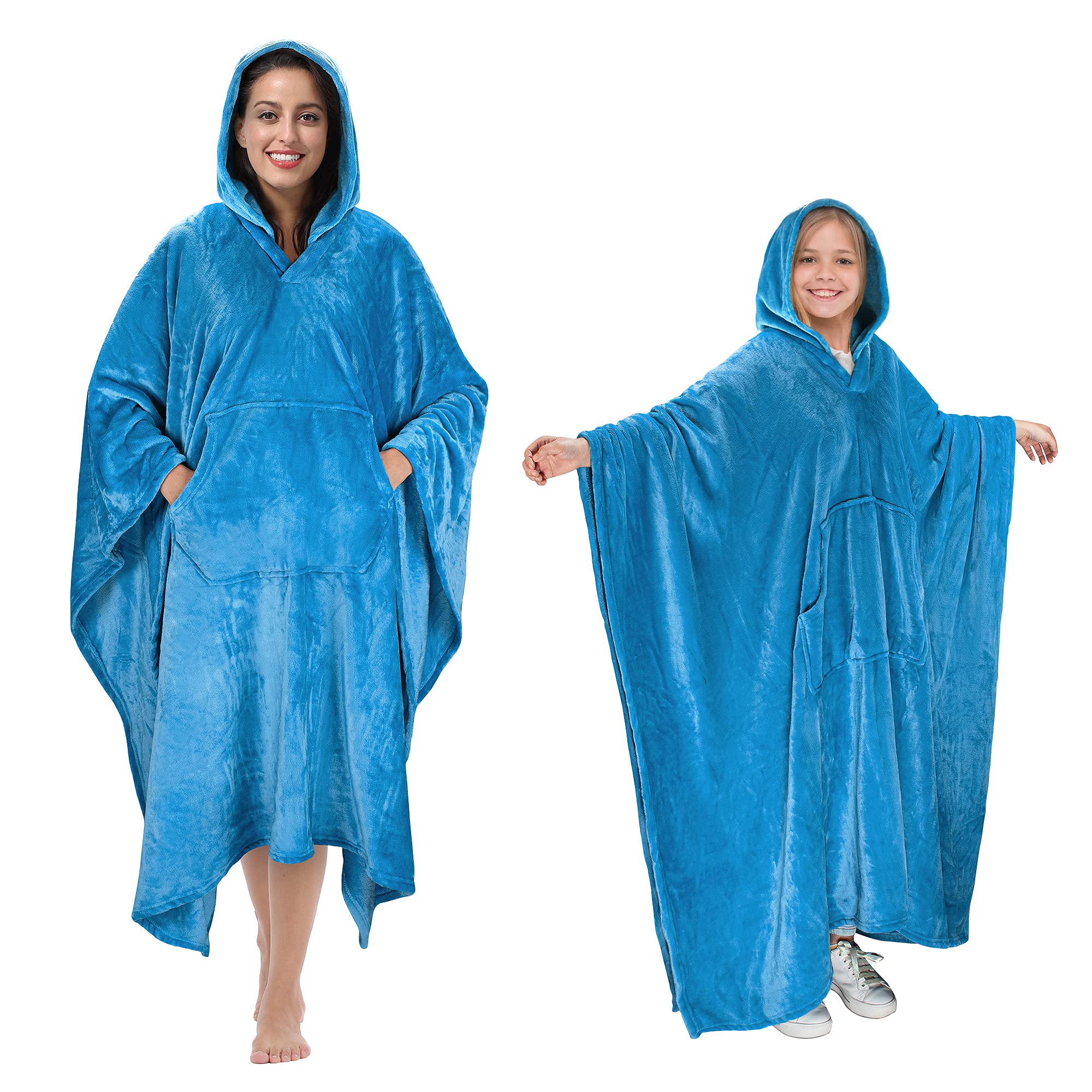 Hooded Poncho Blanket, Fleece Wearable Throw Wrap With Hood And Pocket, Warm Cozy Soft For Adult Women Men Kids, Indoor Or Outdo
