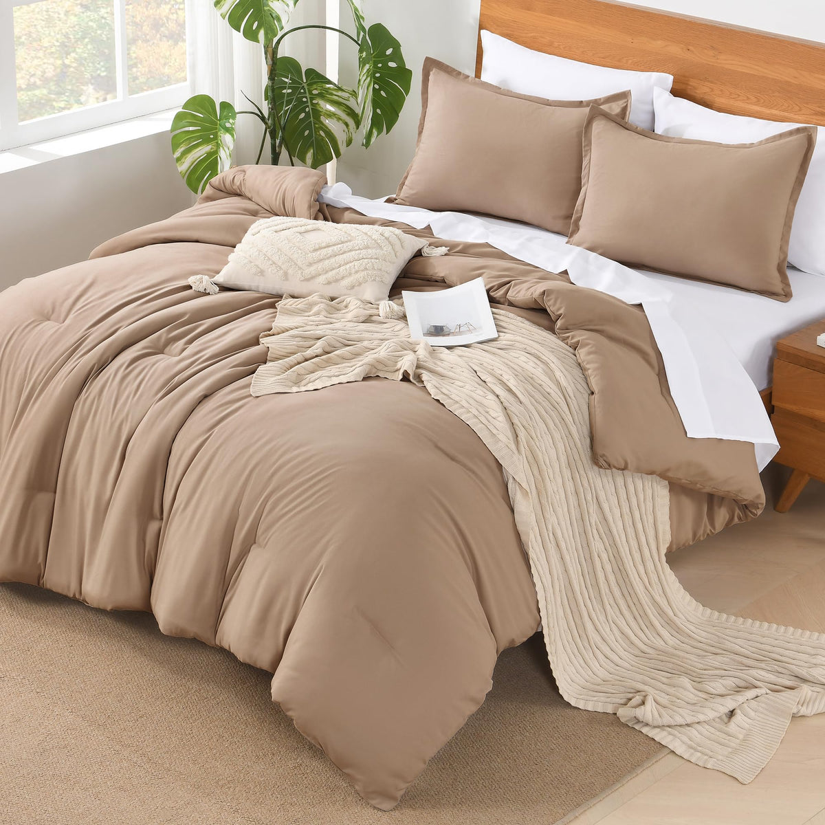 Andency Taupe Queen Comforter Set - 7 Pieces Khaki Tan Bed In A Bag Queen Bedding Comforter Sets, Summer Solid Soft Lightweight Comforter With Fitted Sheets, Flat Sheets, Pillowcases & Shams