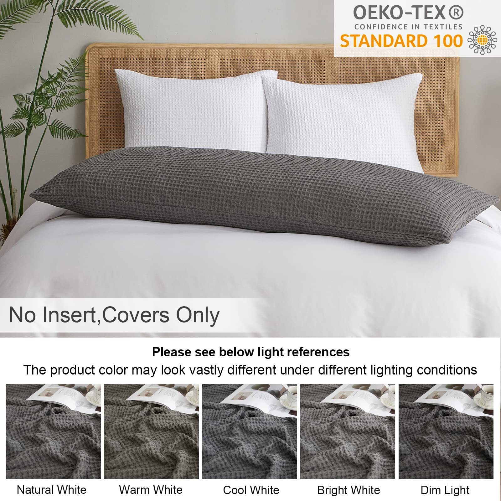 Phf Ultra Soft Waffle Weave Body Pillowcase 20' X 54', No Insert, Breathable & Skin-Friendly Body Pillow Sham With Zipper, Decorative Waffle Weave Body Pillow Cover, Grey
