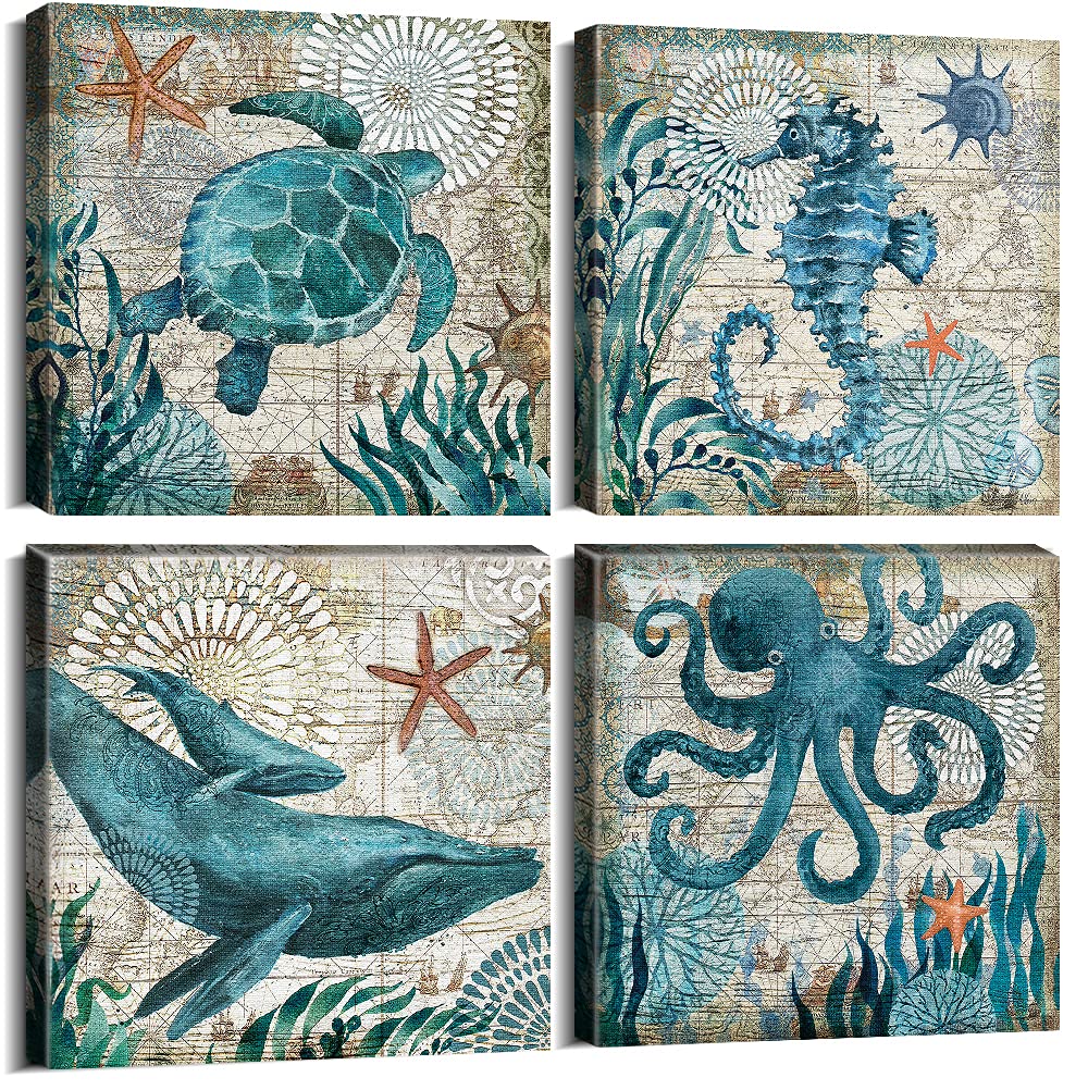 Beach Wall Art Bathroom Decor Rustic Sea Turtle Canvas Prints for Beach House Living Room Teal Coastal Ocean Animal Pictures Bed