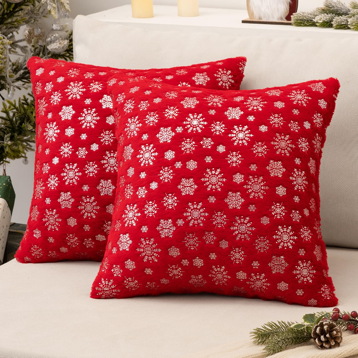 Miulee Christmas Red Throw Pillow Covers Set Of 2 Snowflakes Decorative Pillow Covers 20X20 Inch Soft Plush Faux Fur Pillowcases