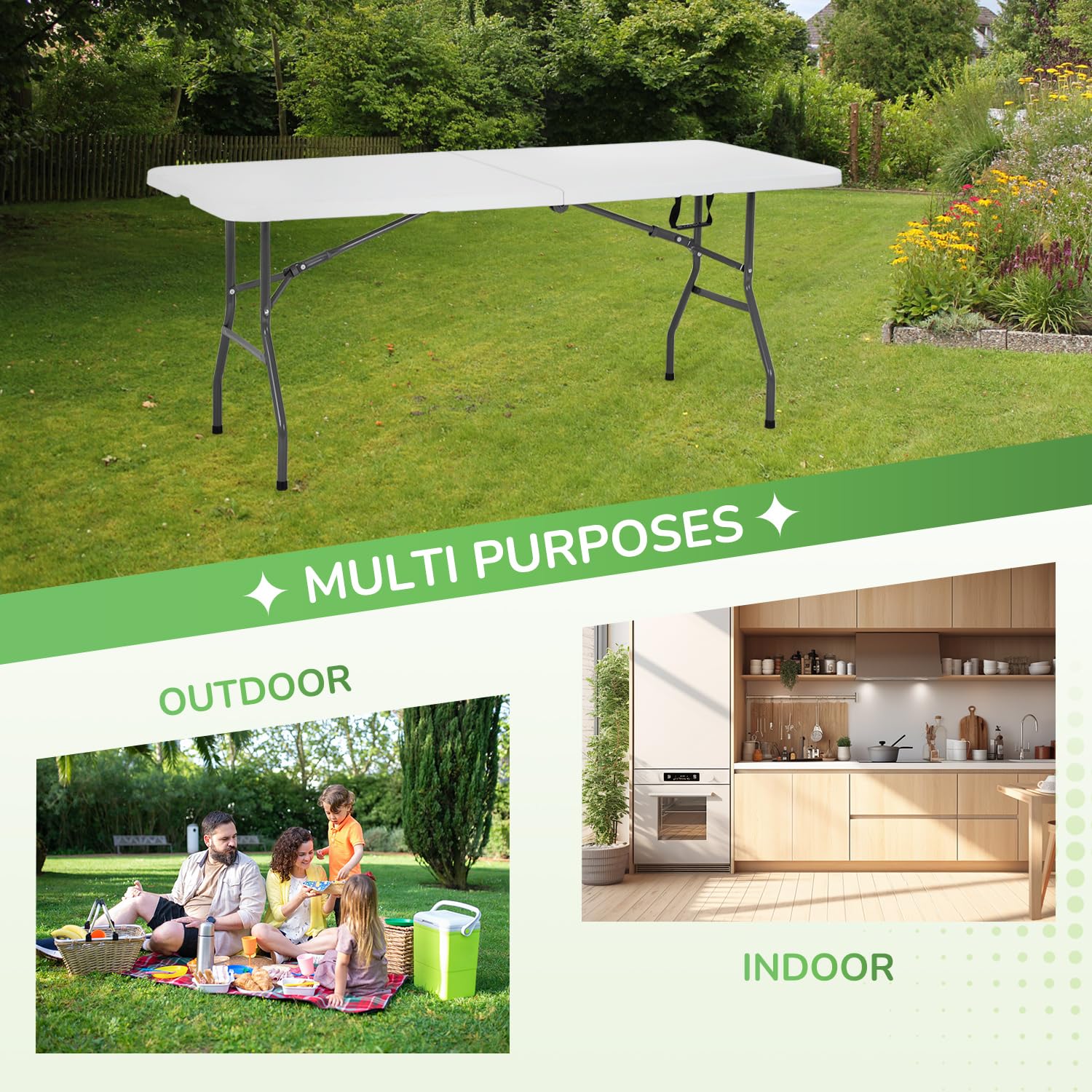 Paylesshere Folding Tables Plastic 6Ft Half Portable Foldable Table For For Parties Wedding Bbq Camping, White 6 Ft