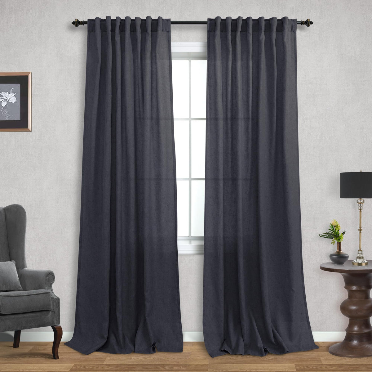 Mrs.Naturall Dark Grey Curtains For Living Room,Charcoal Gray Linen Sheer Boho Farmhouse Curtain Drapes 84 Inches Long For Bedro