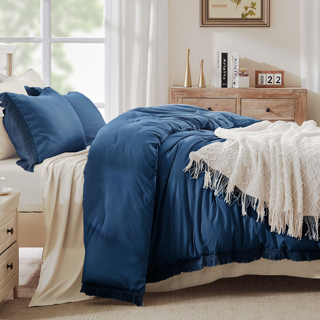 Andency Navy Blue Comforter Set Queen, 3 Pieces Boho Tassel Lightweight Bedding Comforter Sets, All Season Soft Fluffy Fringe Bed Set (90X90In Comforter & 2 Pillowcases)
