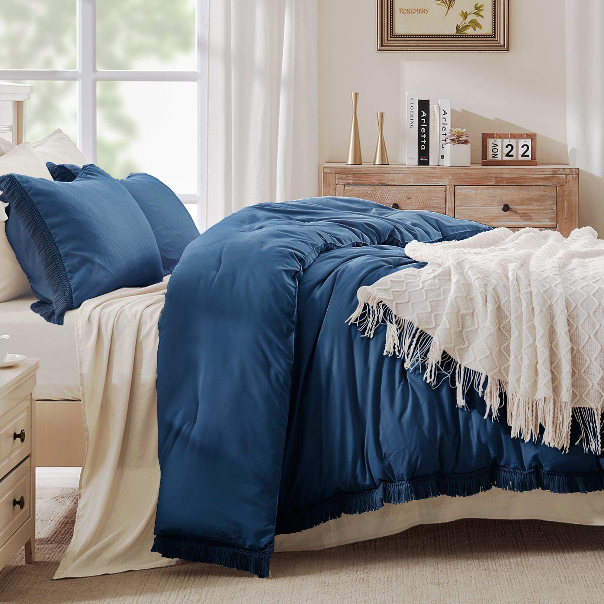 Andency Navy Blue Comforter Set California King, 3 Pieces Boho Tassel Lightweight Bedding Comforter Sets, All Season Soft Fluffy Fringe Bed Set (104X96In Comforter & 2 Pillowcases)