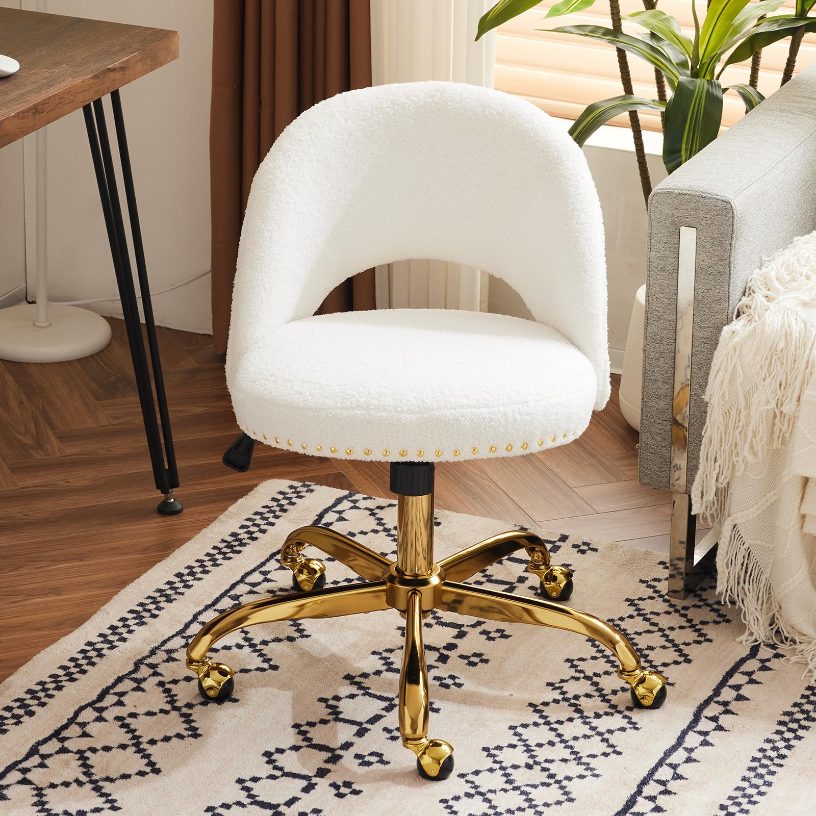 VINGLI Modern Teddy Fluffy Small Office Chair,Cute Desk Chair with Wheels,Gold Base/Studs, Comfy Armless Swivel Vanity Task Chai