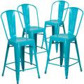 4 Pk. 24 High Crystal Blue Metal Indoor-Outdoor Counter Height Stool with Back