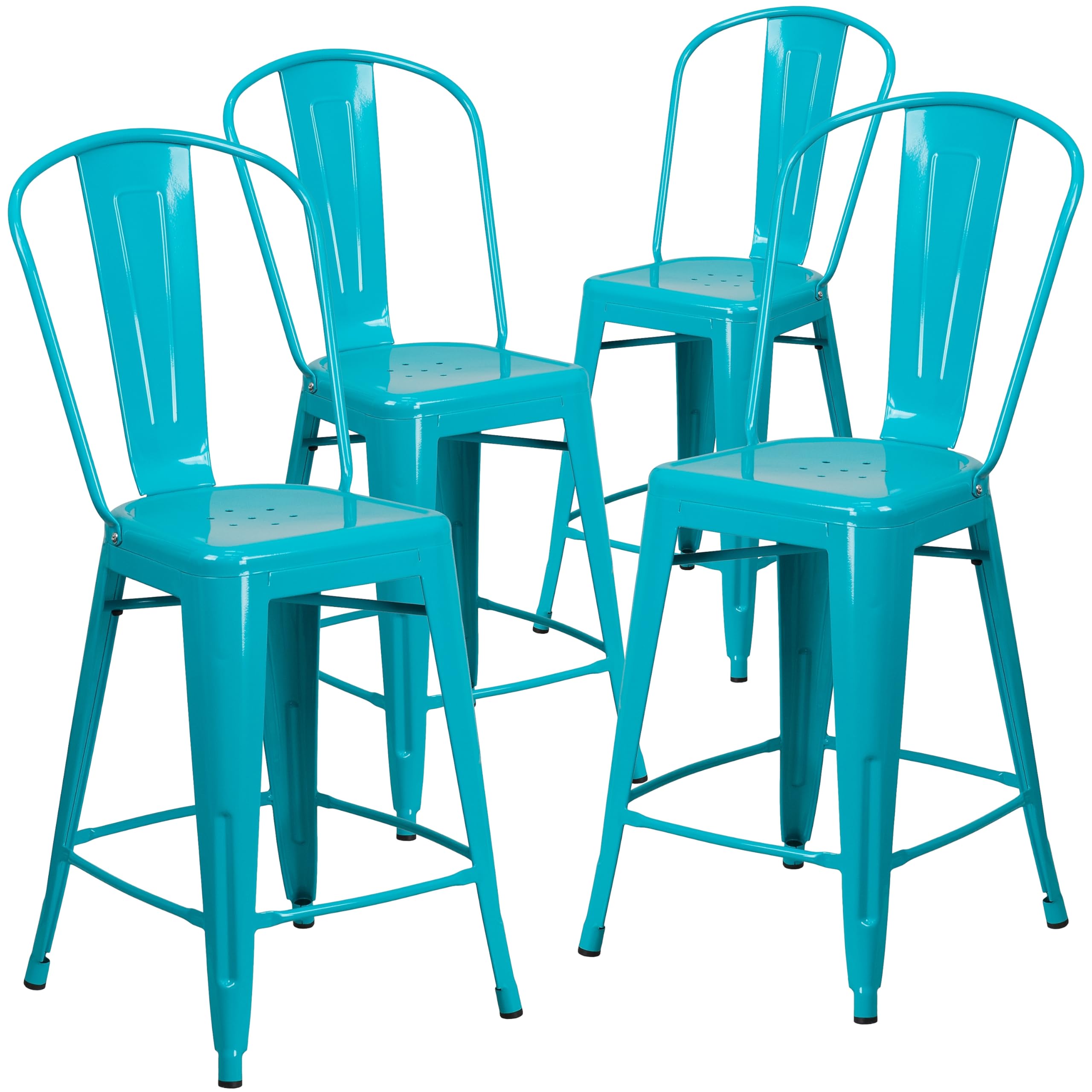 4 Pk. 24 High Crystal Blue Metal Indoor-Outdoor Counter Height Stool with Back