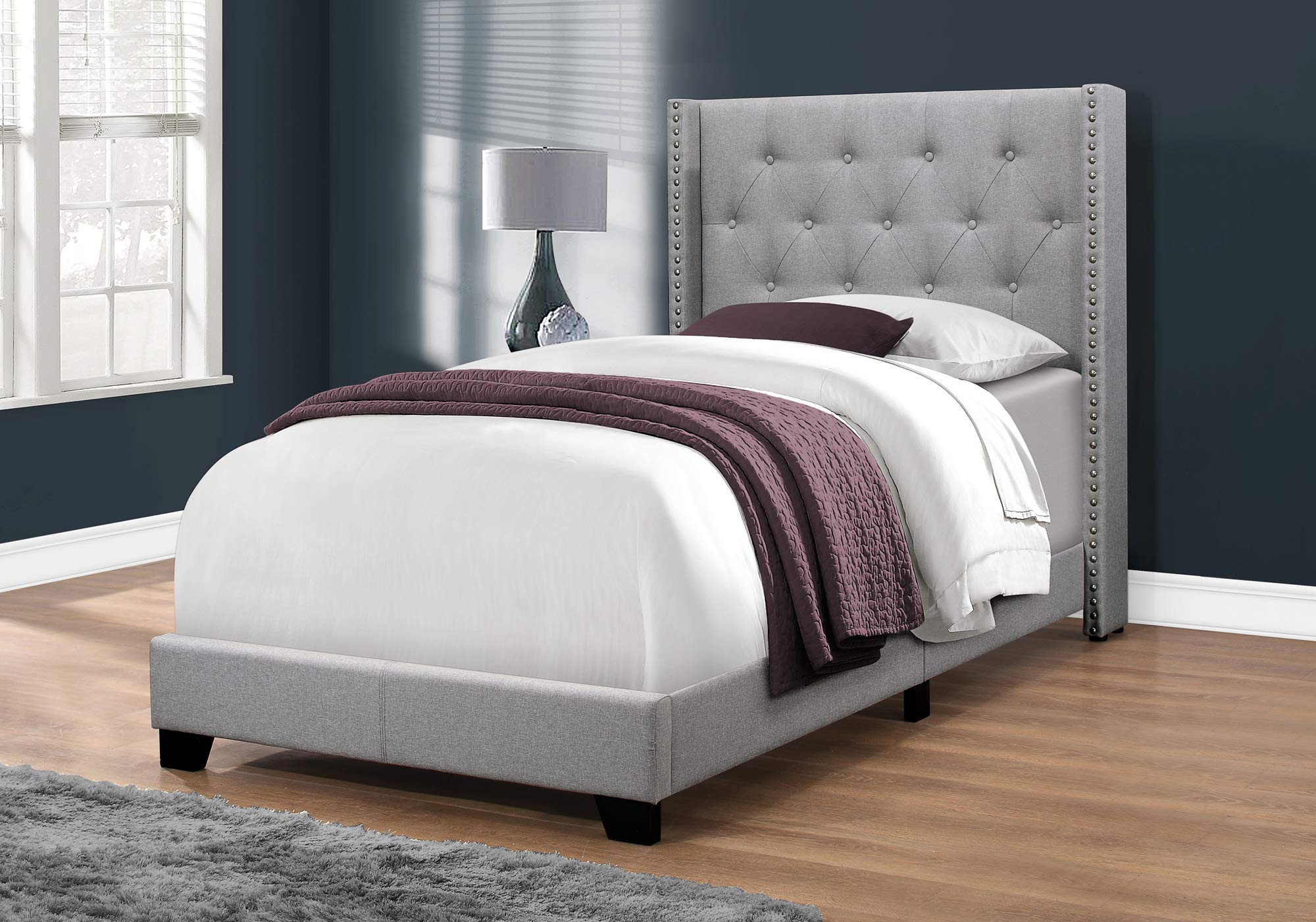 Monarch Specialties I Size/Grey Linen with Chrome Trim Twin Bed, Double,