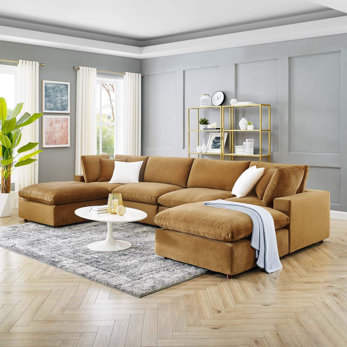 Modway Commix Down Filled Overstuffed Performance Velvet 5-Piece Sectional Sofa In Light Gray