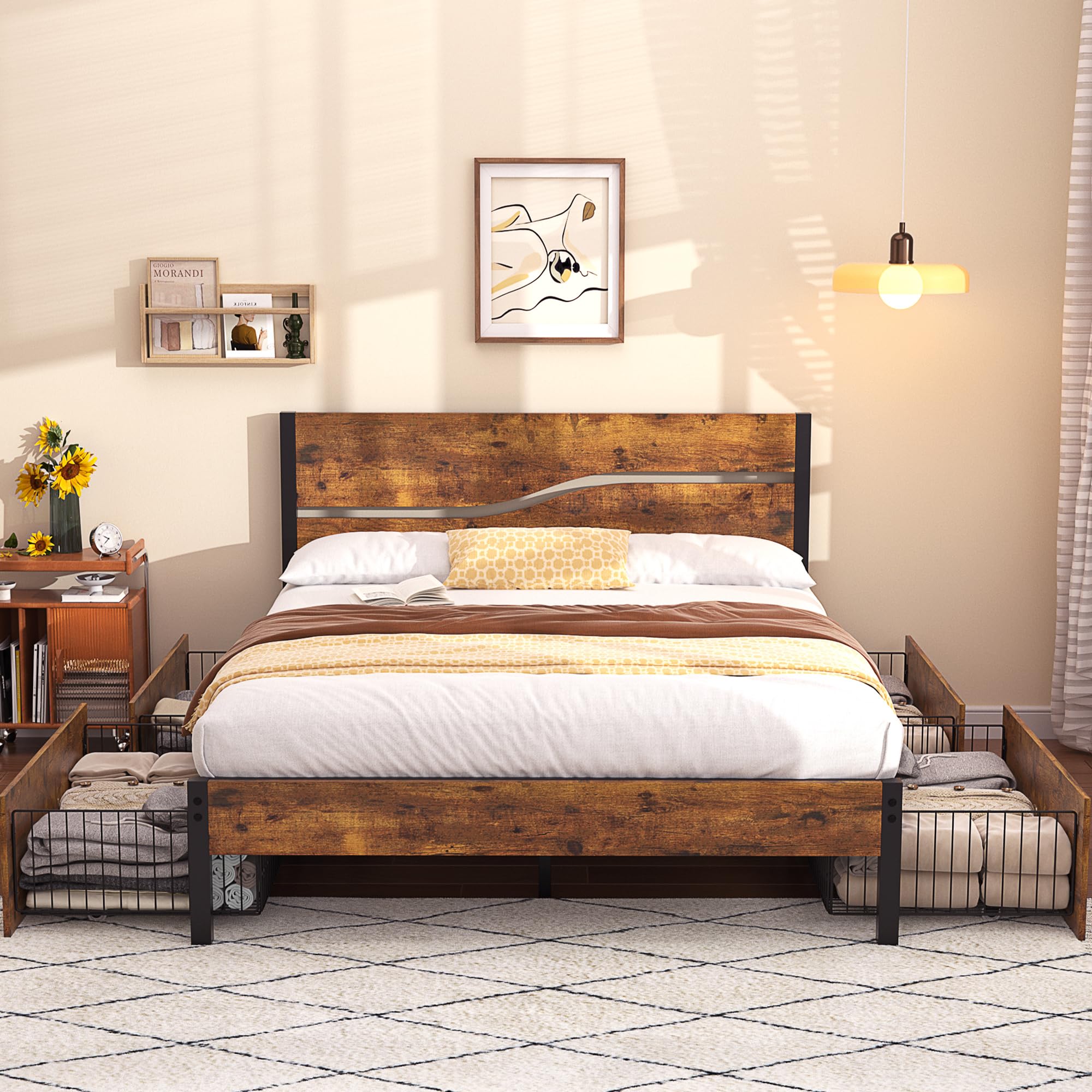 Vecelo Queen Platform Bed Frame With 4 Drawers And Vintage Wood Headboard, Large Storage, Strong Metal Slats Support, No Box Spring Needed, Rustic Brown