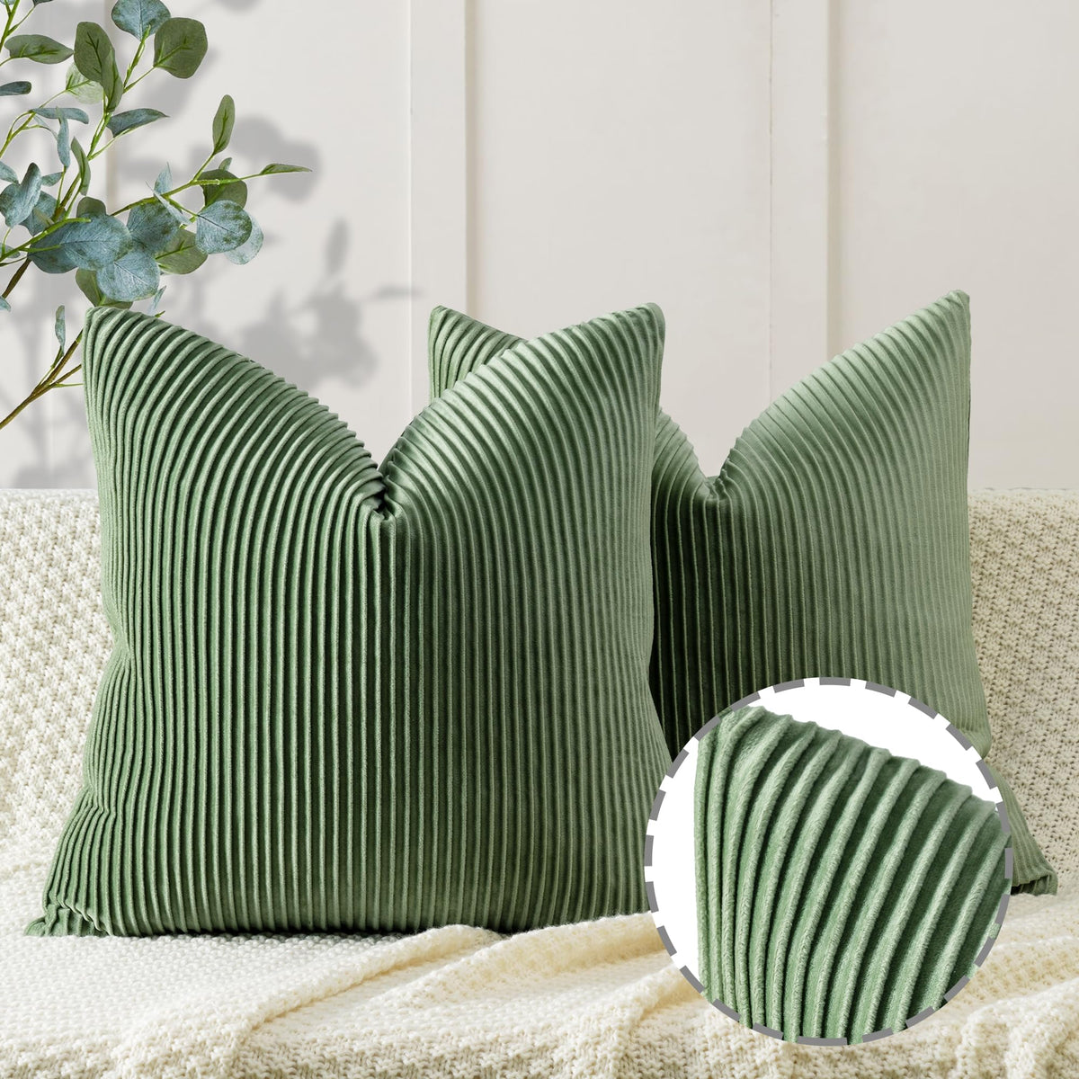 Ycoll Sage Green Spring Pillow Covers 24X24 Set Of 2 Velvet Striped Pattern - Soft Throw Pillows For Home Decor, Luxury Decorati