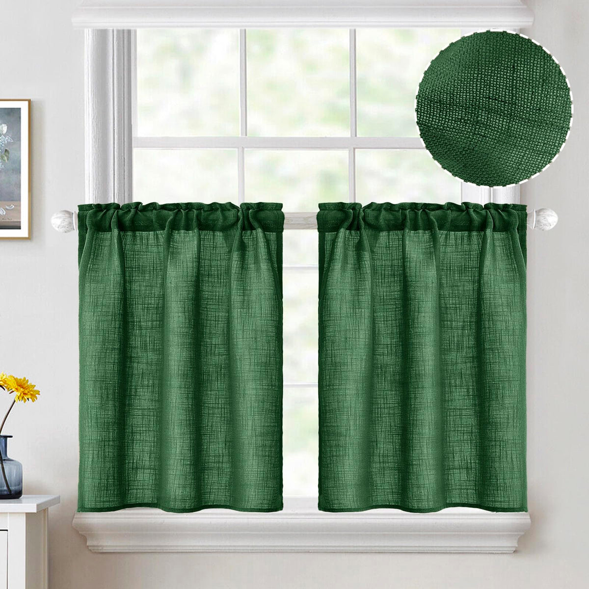 Miulee Christmas Linen Cafe Curtains 24 Inch Length For Kitchen Bathroom Over Sink 2 Panels, Farmhouse Rod Pocket Short Semi She
