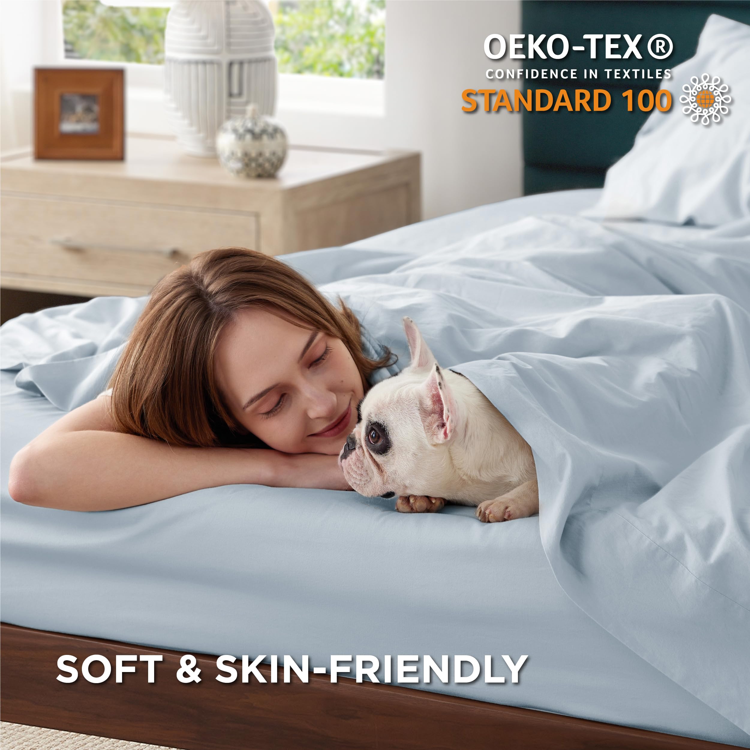 Bedsure Cotton Percale Queen Sheet Set - 100% Cotton Bed Set For Queen Size Bed, Breathable & Crirsp Soft Sheets, Deep Pocket Up To 16 Inches, Bedding Bedsheets & Pillowcases, Sky Blue