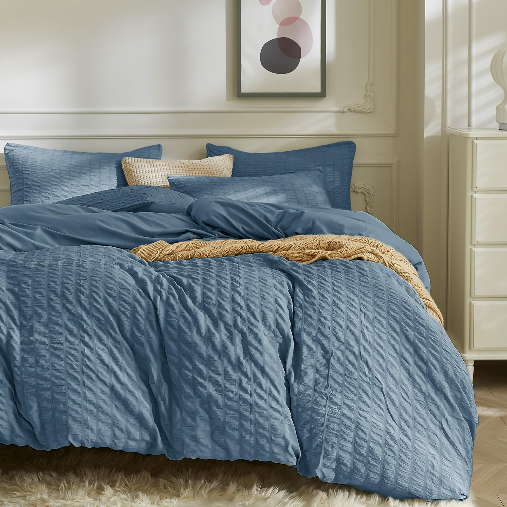 Jellymoni Sierra Blue Duvet Cover King Size, 3Pcs Washed Microfiber Bedding Set, Soft Breathable Seersucker Duvet Cover Set With