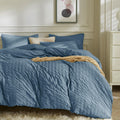 Jellymoni Sierra Blue Duvet Cover Queen Size, 3Pcs Washed Microfiber Bedding Set, Soft Breathable Seersucker Duvet Cover Set Wit