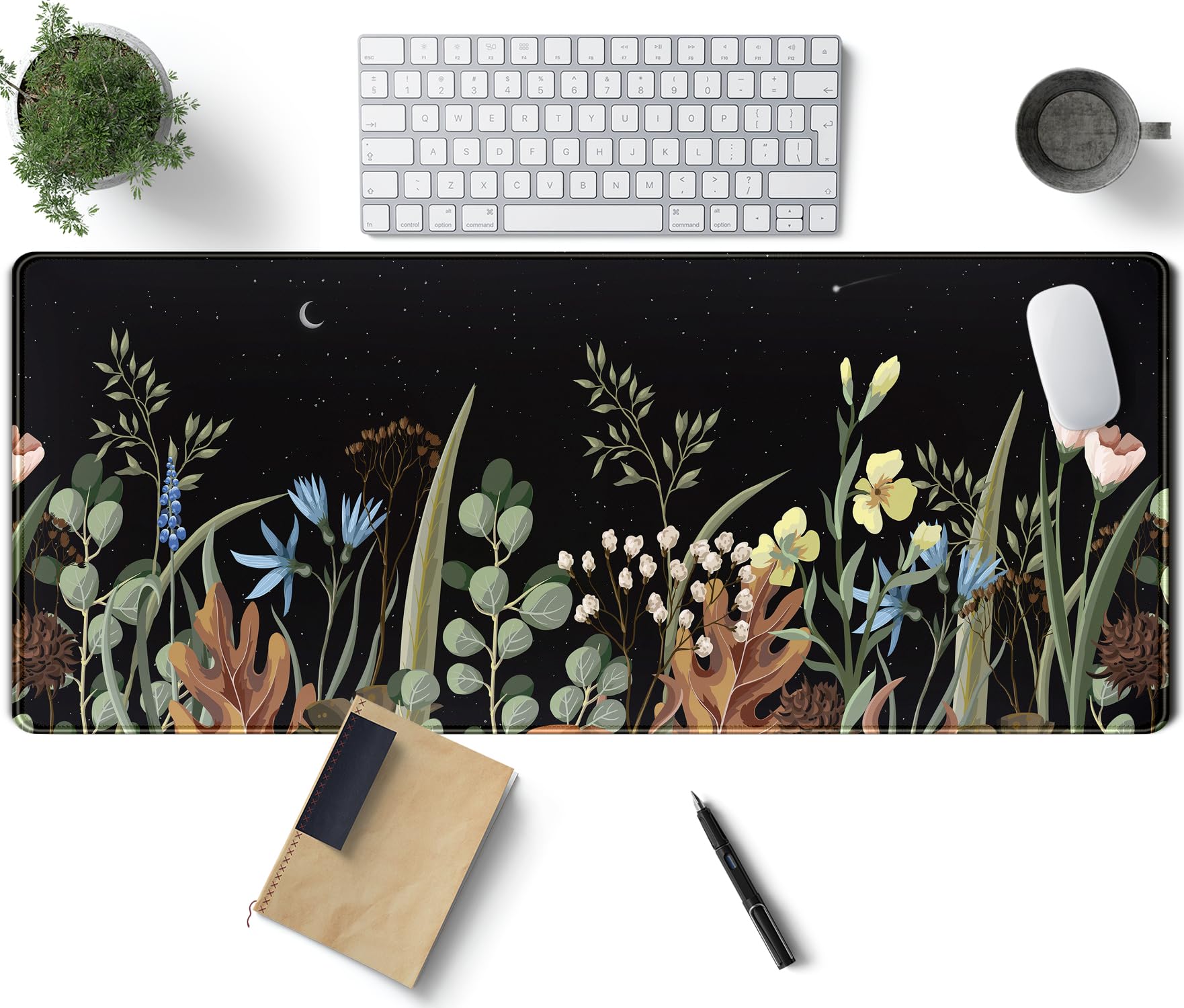 Cute Gaming Black Wild Flowers Desk Mat Mouse Pad Star Moon Floral Mousepad Large, Xl Big Computer Keyboard And Mouse Mat Desk P