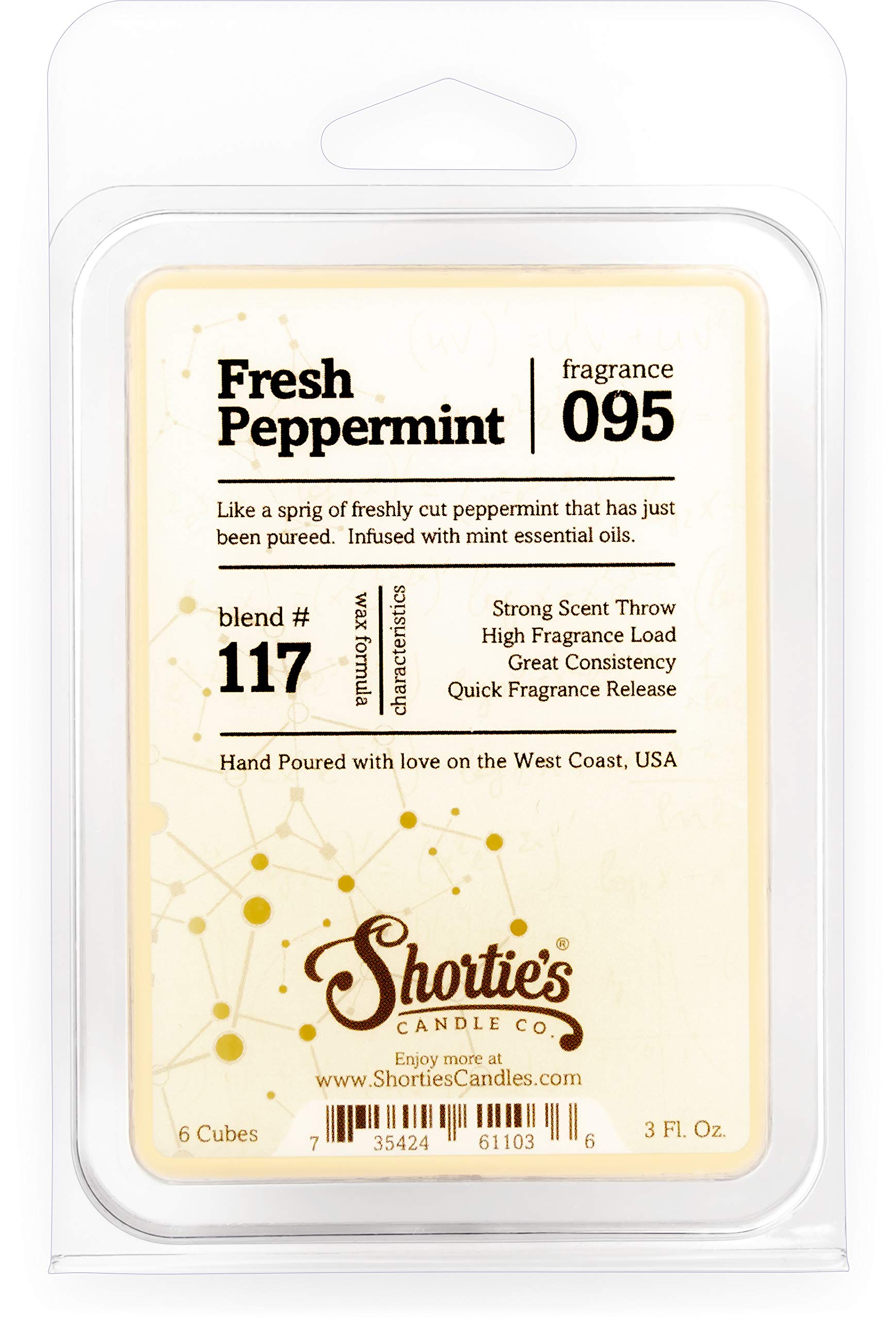 Shortie's Candle Company Fresh Peppermint Wax Melts - Formula 117-1 Highly Scented 3 Oz. Bar - Made with Natural Oils - Christma
