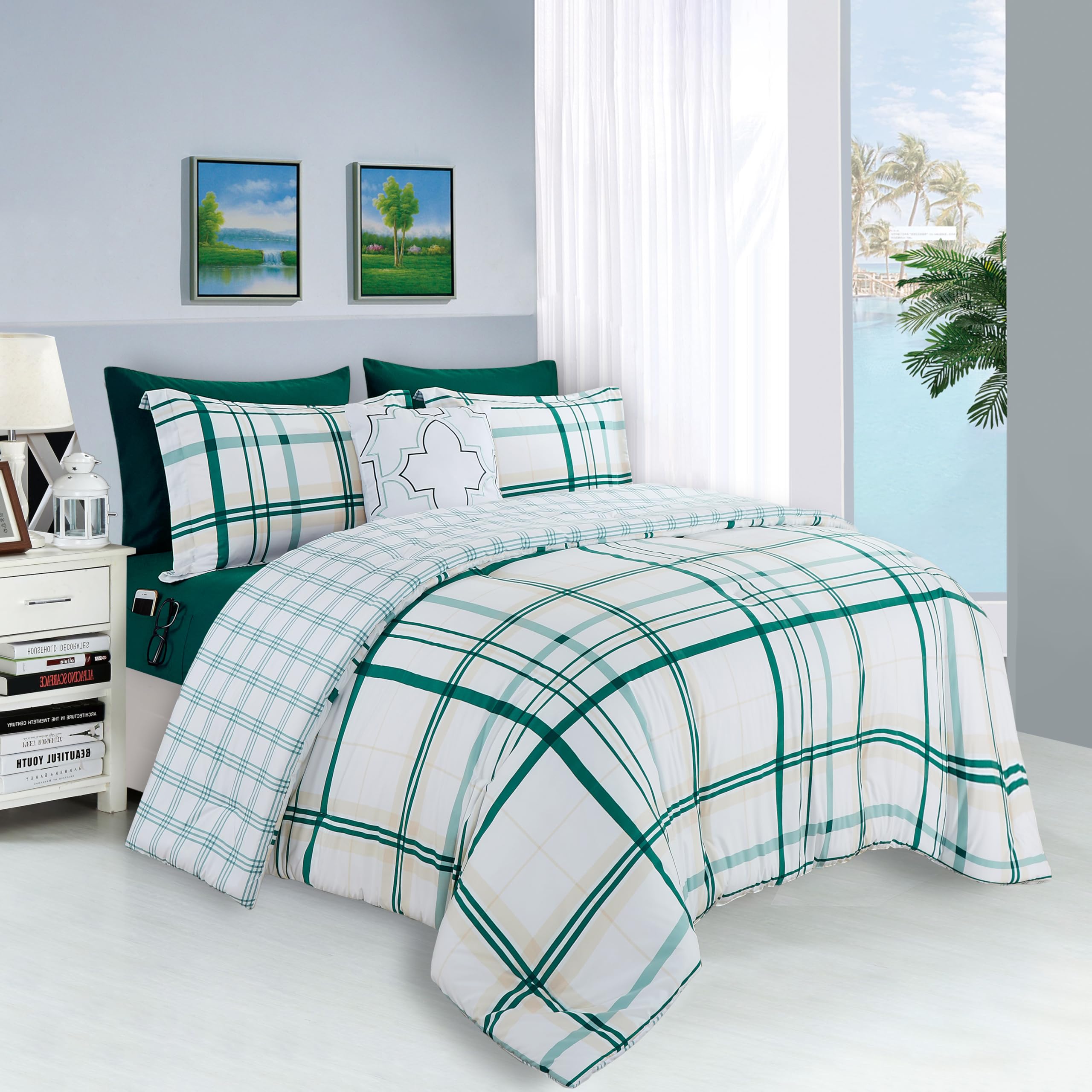 Elegant Comfort Silky Soft 8-Piece Plaid Lodge Bed-In-A-Bag Comforter Set, Includes 4Pc Smart Sheet Set, Comforter,Decorative Pillow,Matching Pillowcases And Shams-King/California King, Emerald Green