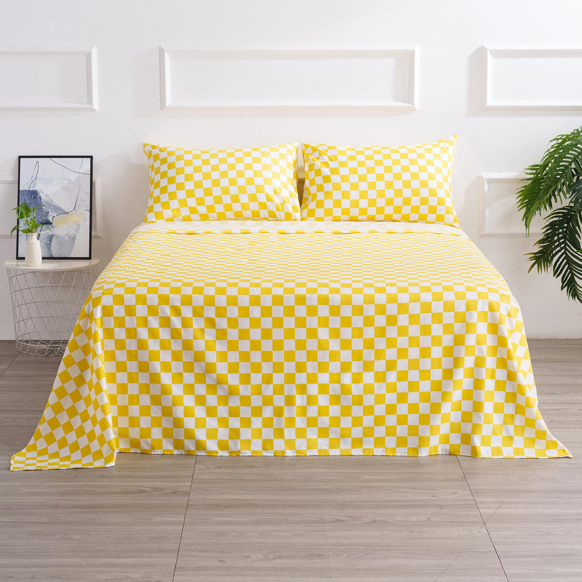 Queen Size Sheet Set 4 Piece -Microfiber Soft Durable Bedding Sheet Set,Deep Pocket,Stain,Fade & Wrinkle Resistant (Plaid Yellow