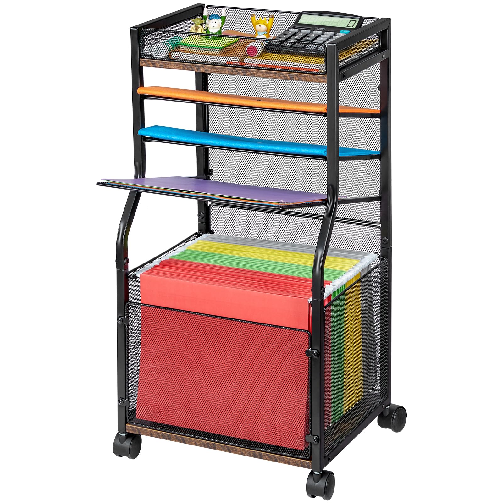 3Ingseagulls 5-Tier Rolling File Cart With Hanging File Folders, Mobile Desk File Organizer On Lockable Wheels, Wood & Mesh Pape