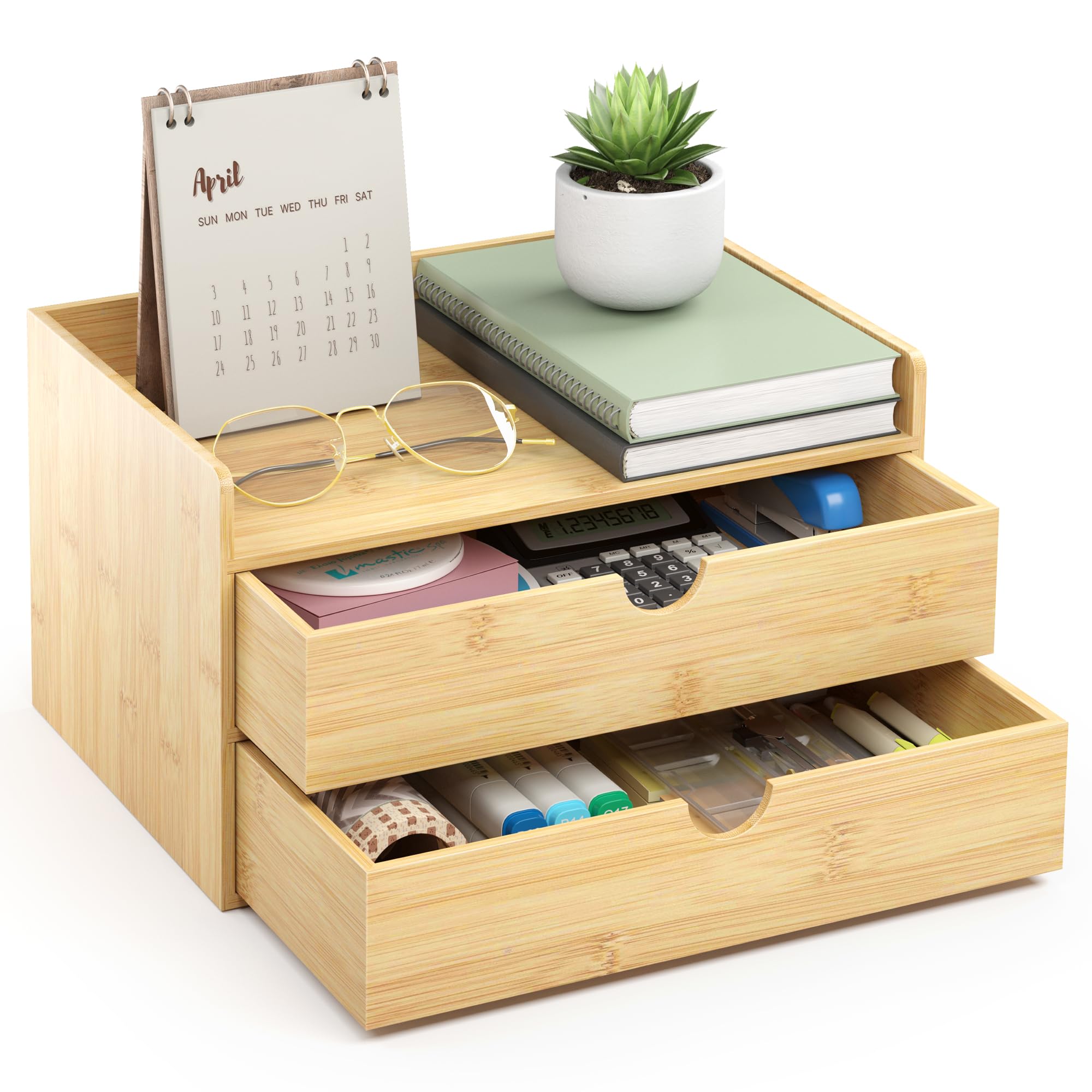 Wisuce Bamboo Desk Organizer - Mini Bamboo Desk Drawer Tabletop Cosmetic Storage Organization For Office Or Home (Nature 2 Drawe