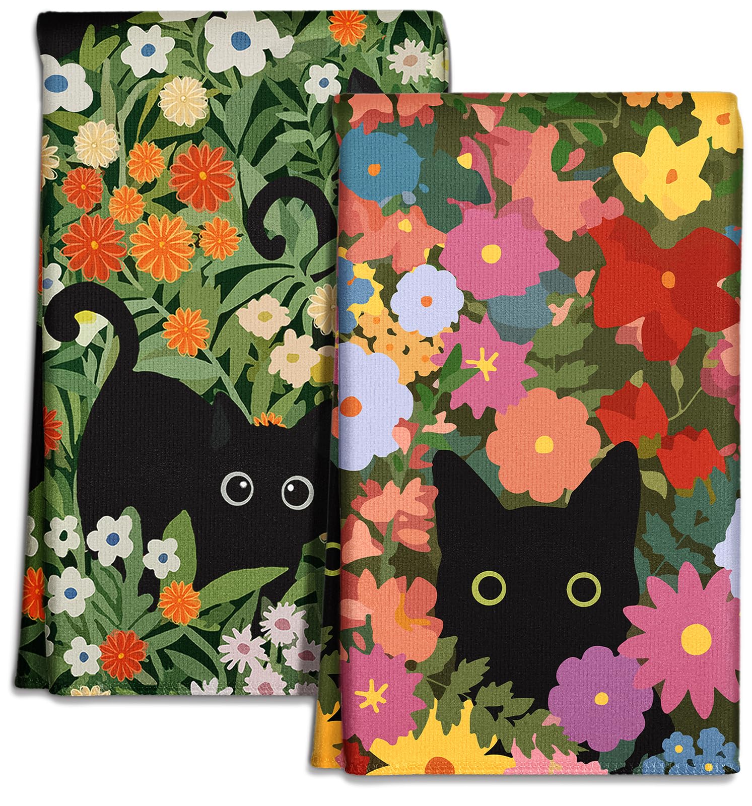 Miss Adola Microfiber Kitchen Towels - Set of 2 Dish Towels for Kitchen 18 x 26 Inch Home Decoration Cat Flower Cute Spring Hand