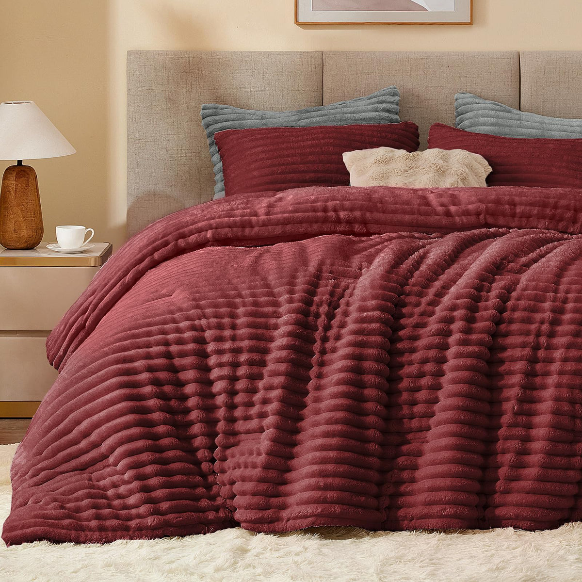 Bedelite Fleece King Comforter Set -Super Soft & Warm Fluffy Burgundy Bedding, Luxury Fuzzy Heavy Bed Set For Winter With 2 Pill
