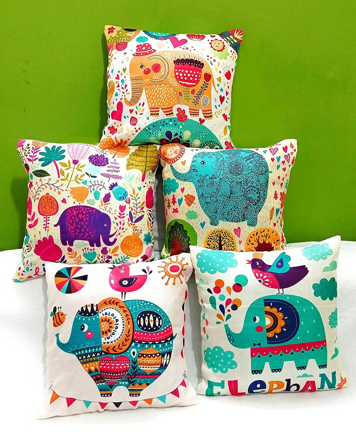 Balley Set Of 5 Elephant Designer Decorative Throw Pillow/Cushion Covers (Multicolour) (16X16 Inches)