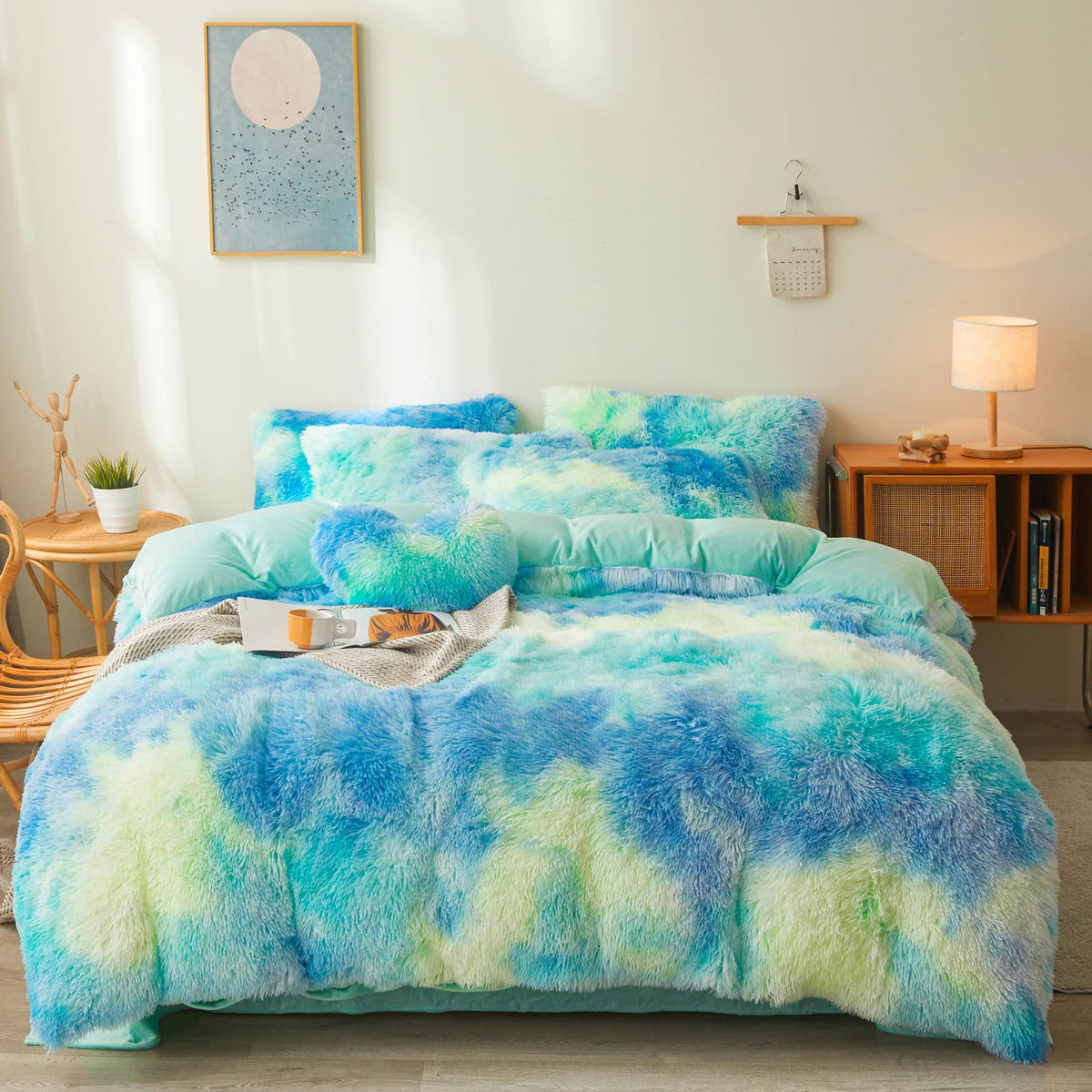 Tie Dye Plush Fluffy Comforter Cover Set Queen - Ultra Soft Faux Fur Tie Dye Bedding Sets 3 Pieces (1 Shaggy Duvet Cover + 2 Pil
