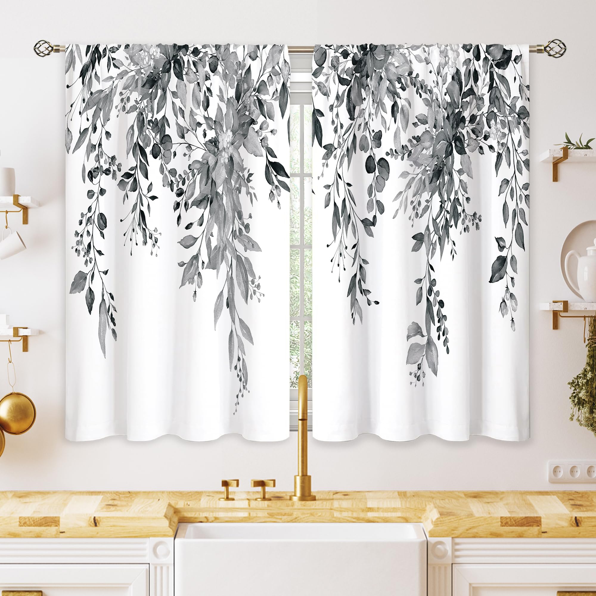 Oolygoo Eucalyptus Botanical Leaves Grey Floral Kitchen Window Curtains Over Sink Farmhouse Flower Leaf Small Window Treatment C