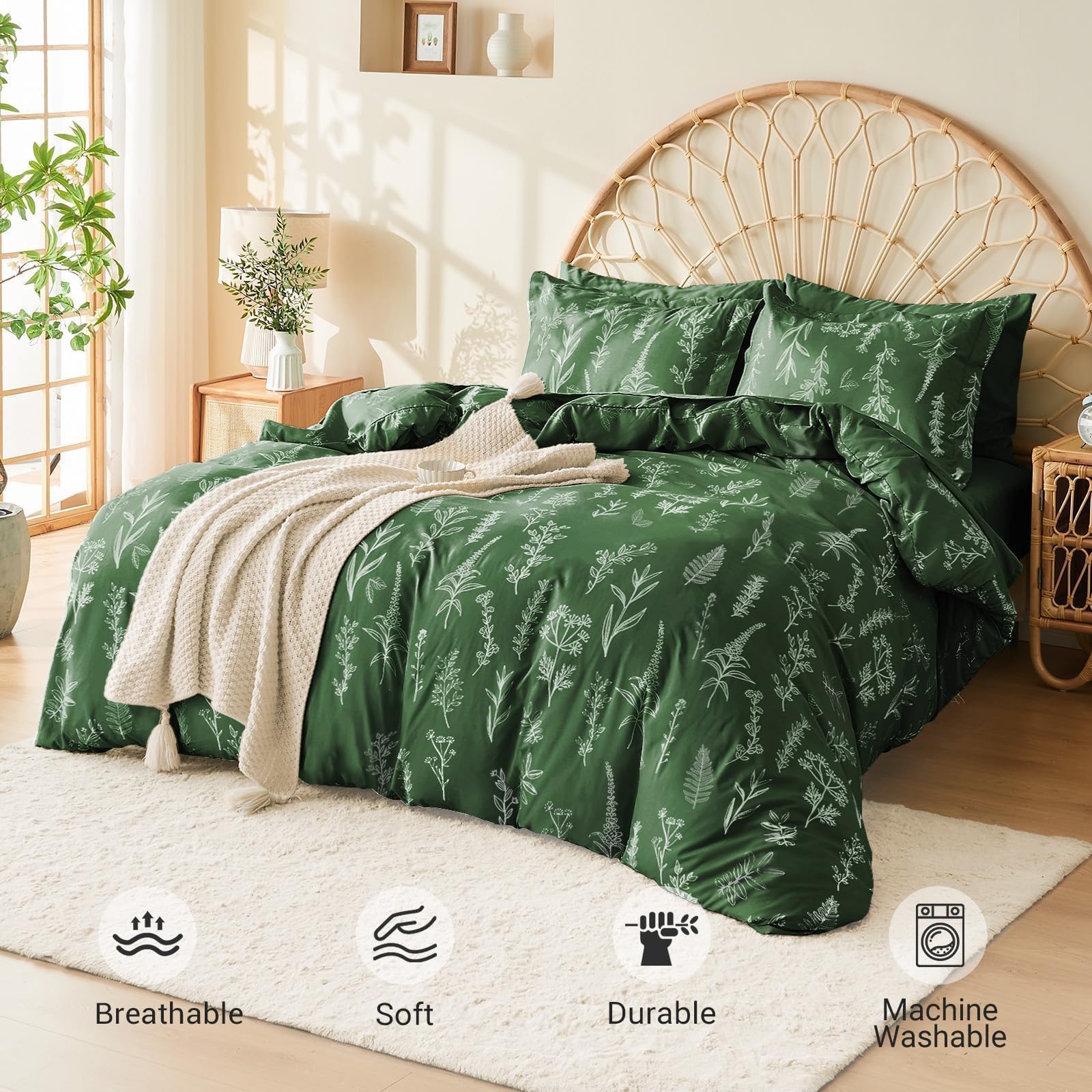 Muxhomo Dark Green Bed In A Bag Queen 7 Pieces, Queen Comforter Set Reversible Botanical Flowers Design, Ultra Soft & Breathable