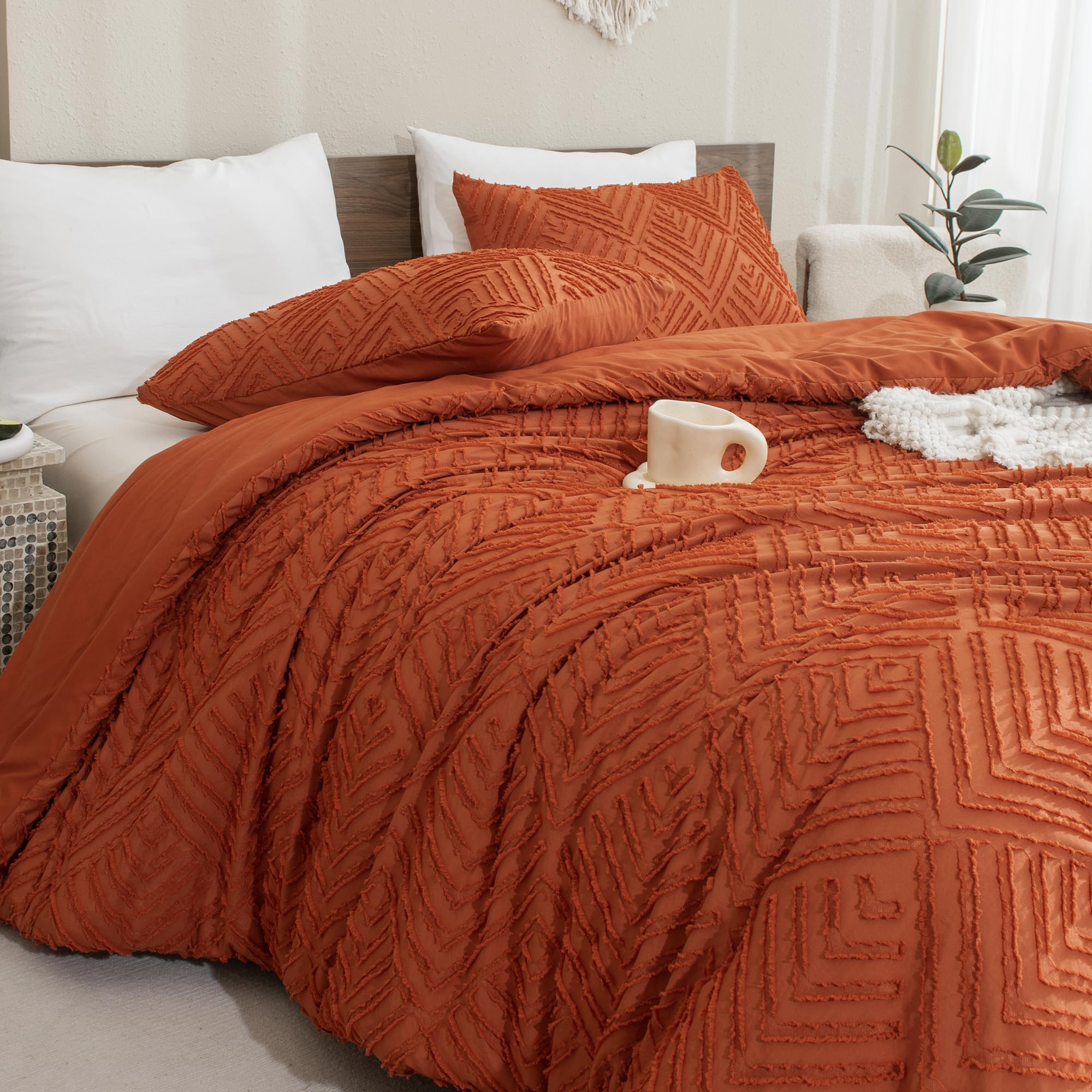 Andency Burnt Orange Queen Size Comforter, Terracotta Boho Fall Lightweight Fluffy Bedding Set & Collections For Queen Bed, 3 Pieces Rust Tufted Design Bed Set (90X90Inches, 2 Pillow Shams)