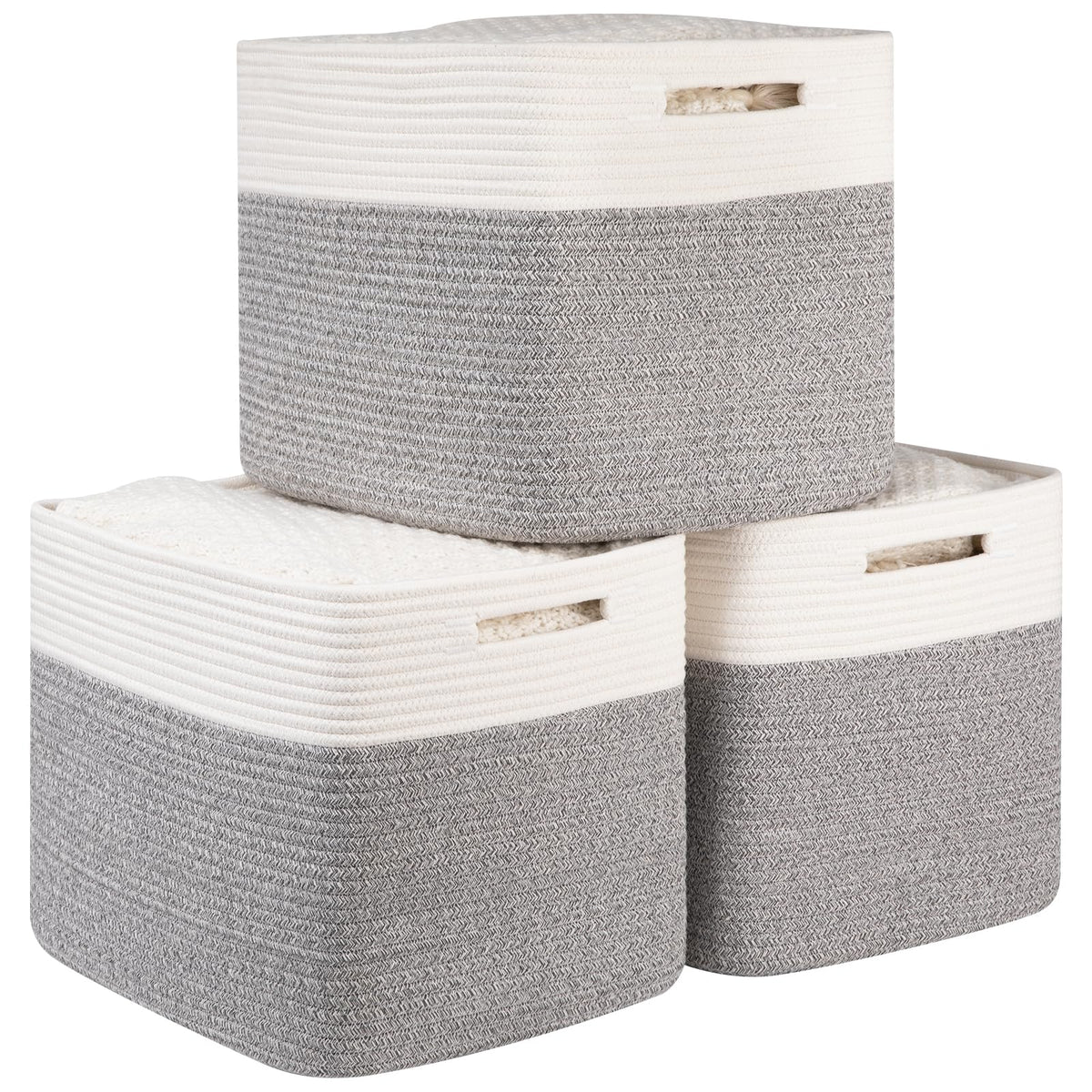 OIAHOMY Cotton Rope Woven Baskets for Organizing 3Pack 13x15x12.6IN Closet Storage Bins for Clothes Rectangular Storage Baskets