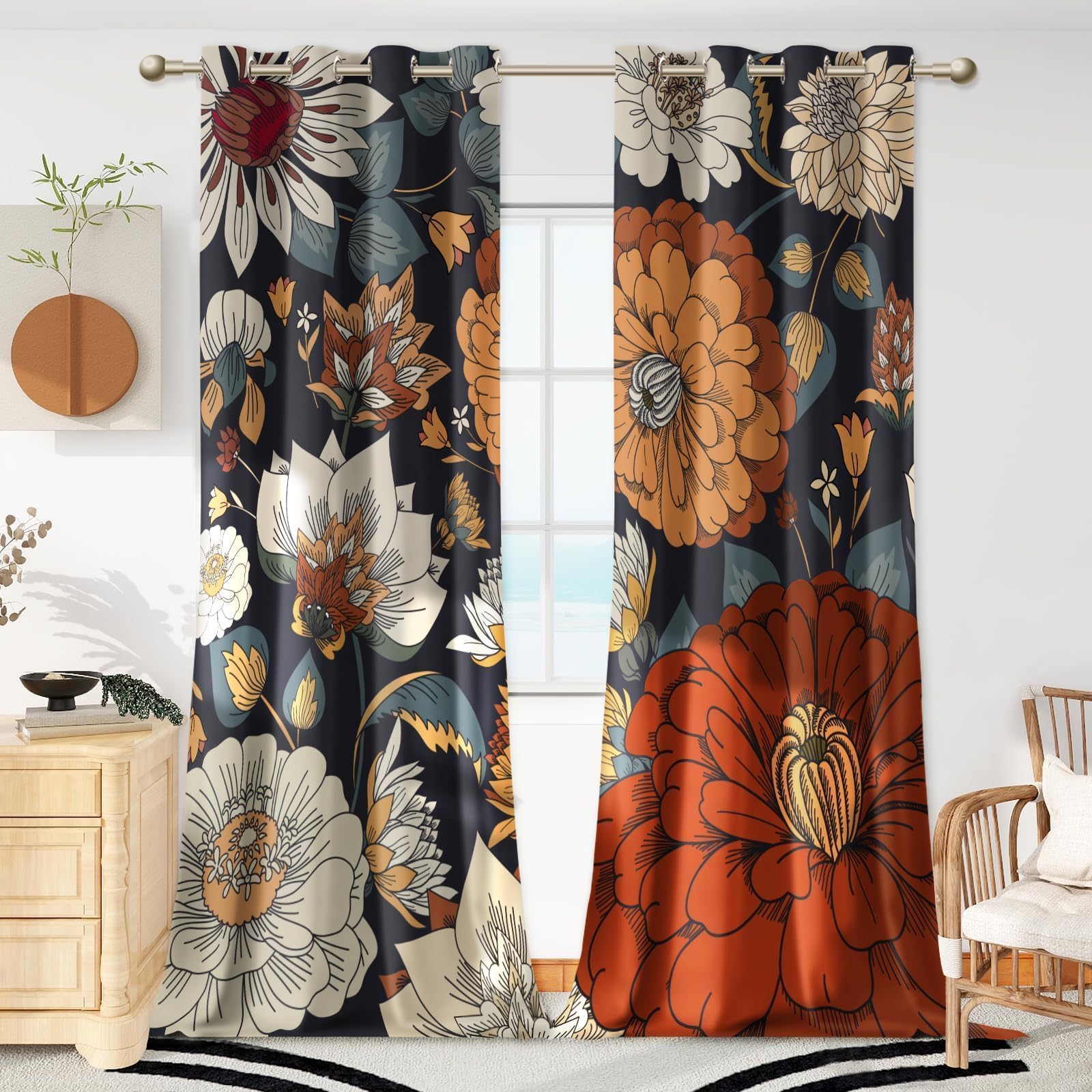 Tyrot 100% Blackout Black Boho Floral Curtains 108 Inches Extra Long For Bedroom Mid Century Botanical Black Out Curtains Room D