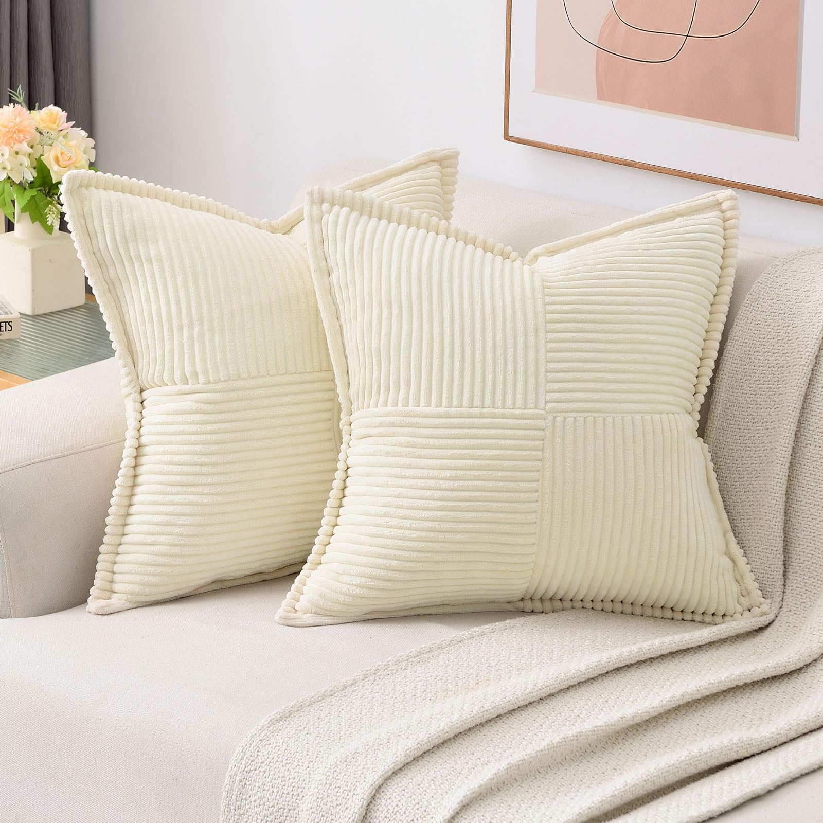 Haussy Beige Throw Pillow Covers 16X16 Inch Set Of 2,Soft Solid Corduroy Striped/Wide Bordered,Square Decorative Cushion Case,Wi