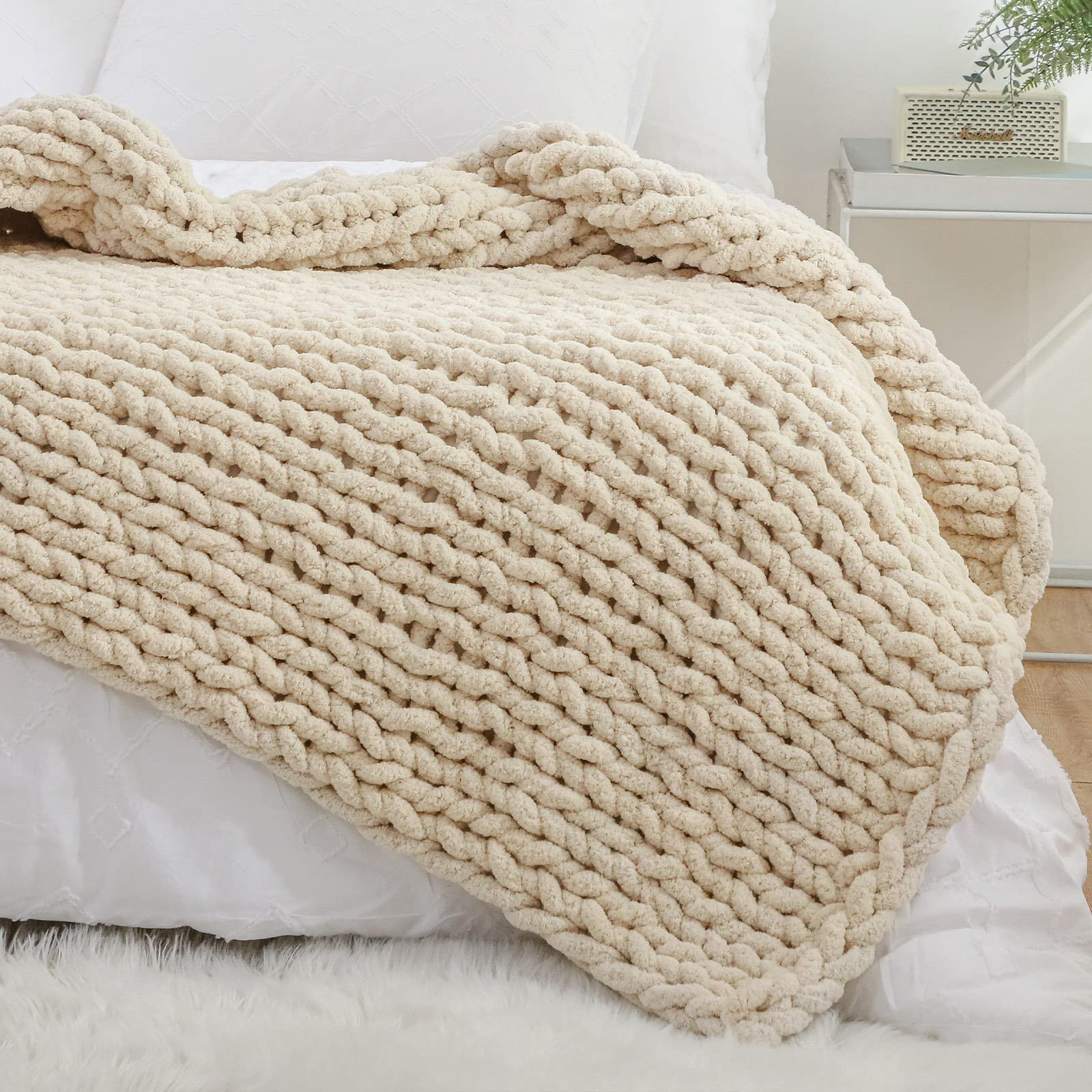 Yaapsu Chunky Knit Blanket Throw 51'X63', Soft Jumbo Chenille Throw Blanket, 100% Hand Knitted Throw Blankets For Couch Bed, B