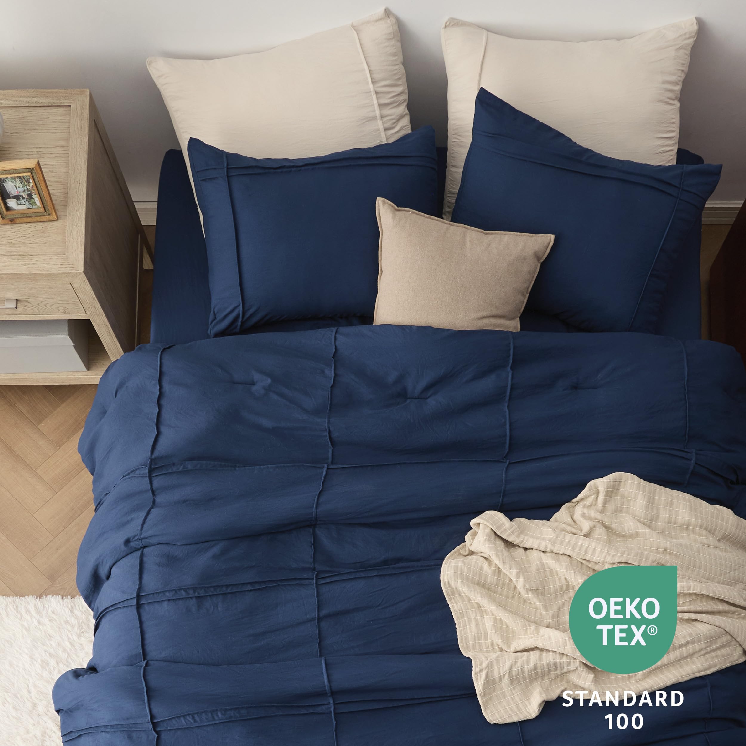 Bedsure Full Comforter Set With Sheet - 4 Pieces Soft Navy Blue Bedding, Grid Pinch Pleat, All Season Lightweight Fluffy Bed Set With Solid Boho Comforter, Pillowcases & Sheet