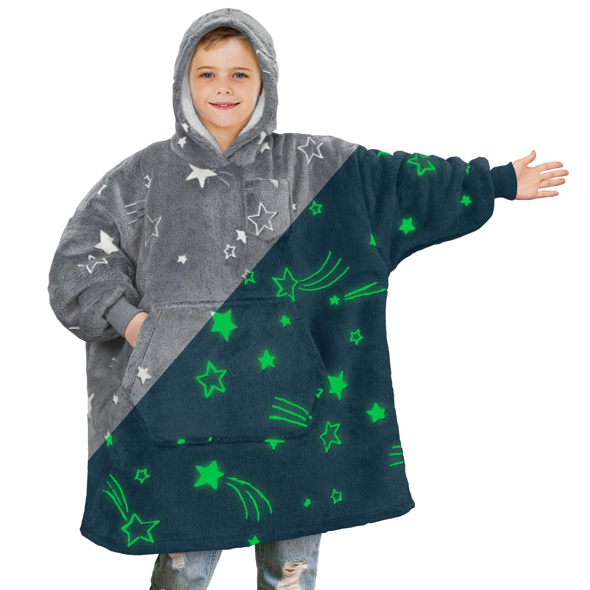 Pavilia Wearable Blanket Sweatshirt For Kids Boy Girl Glow In The Dark Star, Warm Cozy Giant Blanket Hoodie, Fleece Sherpa Overs
