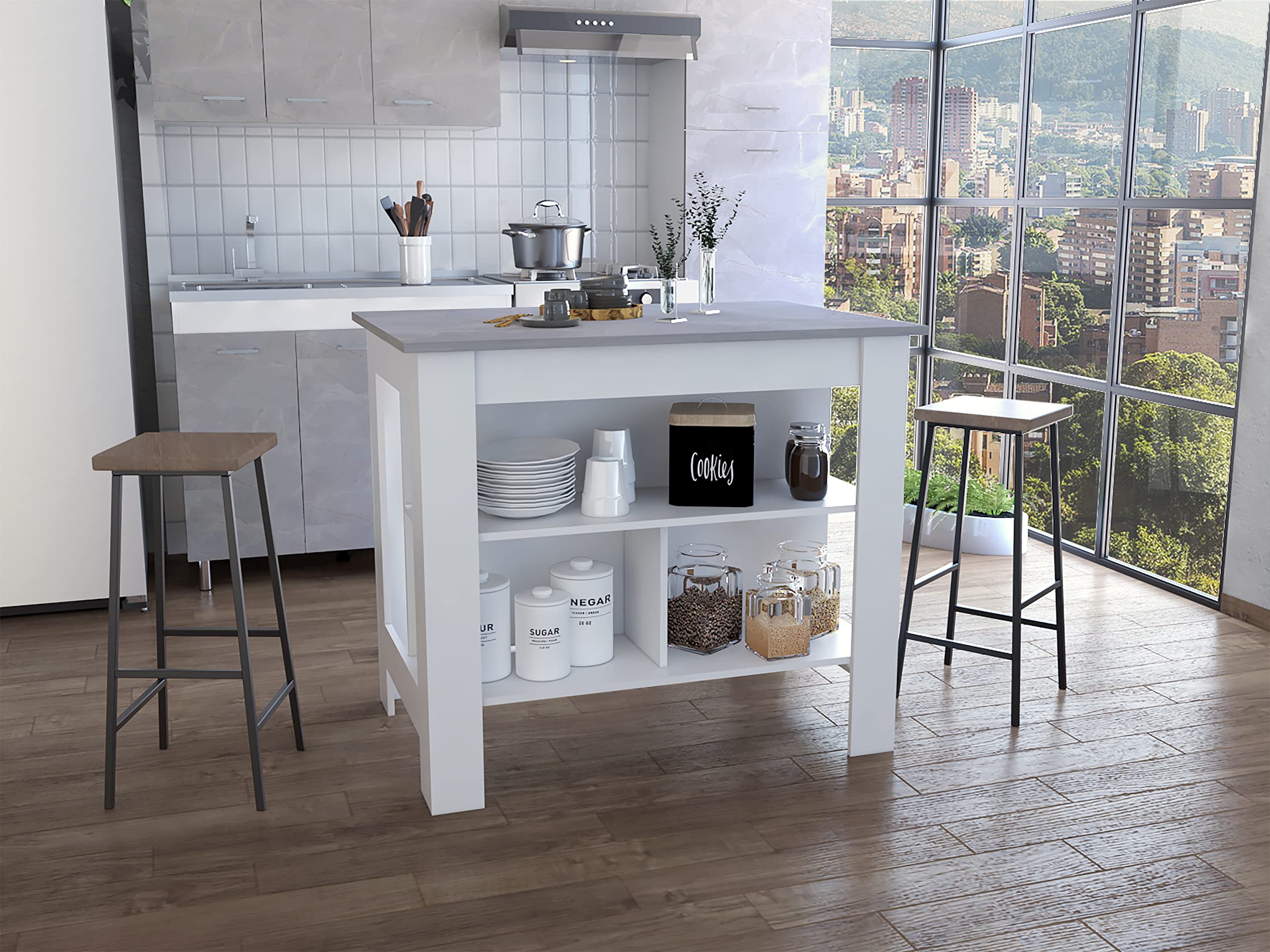 Kitchen Island, Kitchen Table 35&quot; H, 4 Legs, 3 Open Storage Shelves, White/Ibiza Marble
