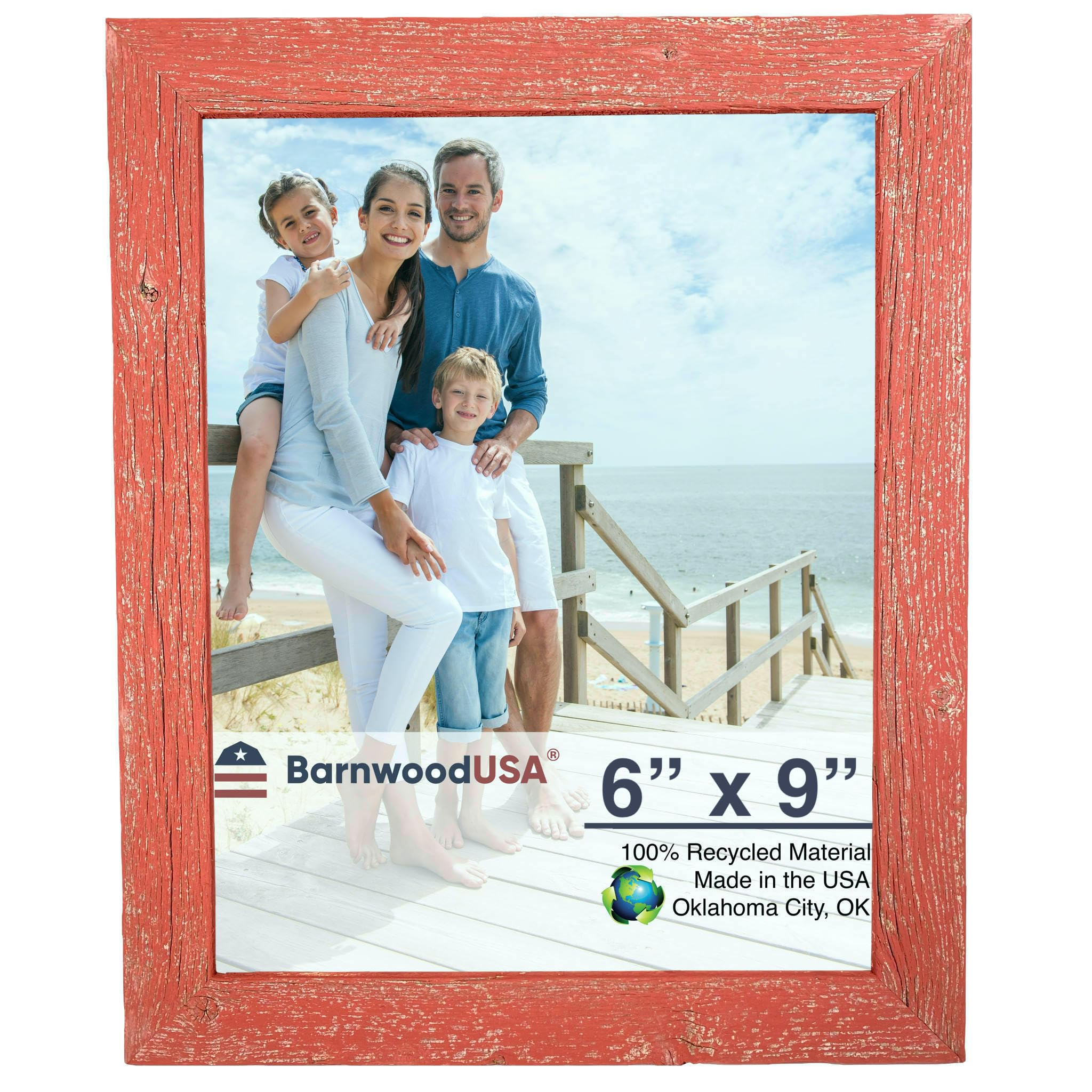 BARNWOODUSA | Farmhouse 6x9 Picture Frame | 1 1/2 inch Molding | 100% Reclaimed Wood | Rustic | Rustic Red