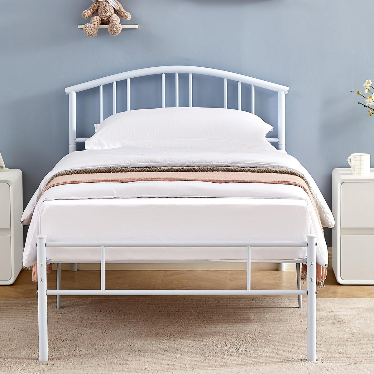 VECELO 14 inch Twin Bed Frame White Beds Metal Platform Mattress Foundation with headboard Footboard Steel Slat Support/No Box S