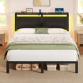 Rolanstar Full Size Bed Frame with Charging Station, LED Full Bed Frame with Wood Storage Headboard, Platform Bed with Metal Sla