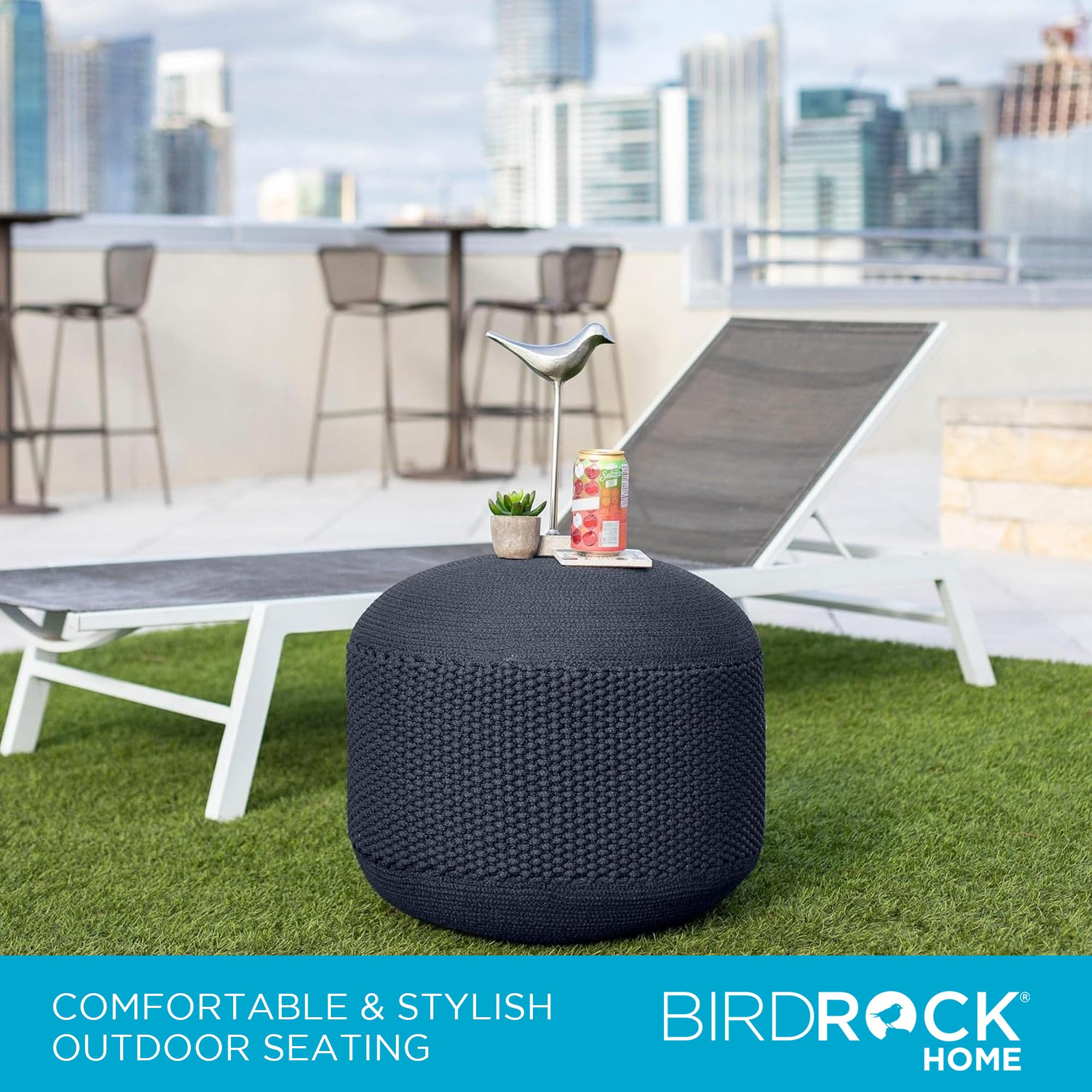 Birdrock Home Outdoor Pouf Ottoman | Hand Woven Waterproof Foot Stool With Bead Bag Filling | Boho Foot Rest For Patio, Living Room, Porch & Outdoor Seating | Lightweight, Soft Stuffed Chair | Navy