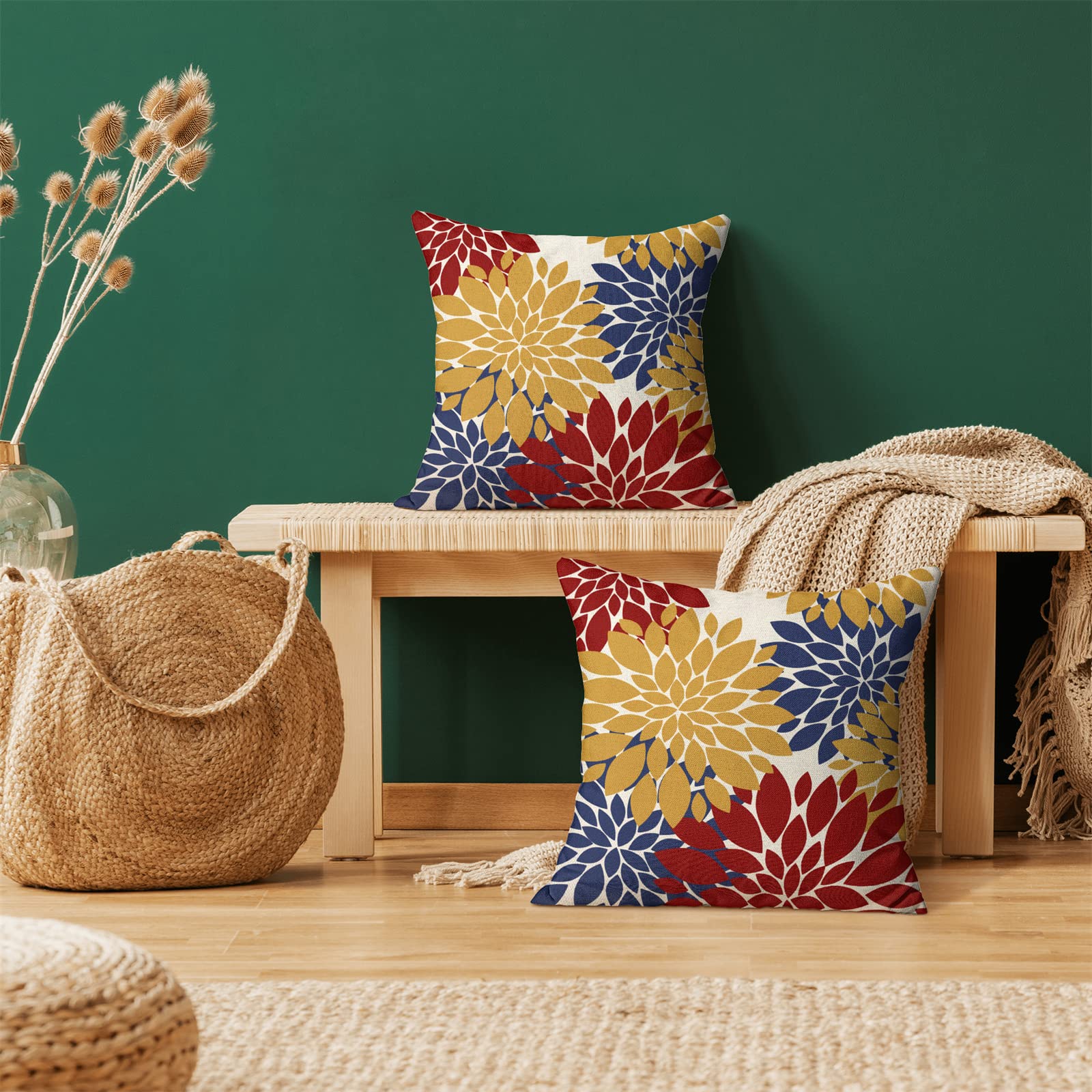 Cxmeifly Mustard Yellow Red Navy Blue Pillow Covers 18X18 Inch Set Of 2 Dahlia Floral Decor Throw Pillows Summer Modern Geometry