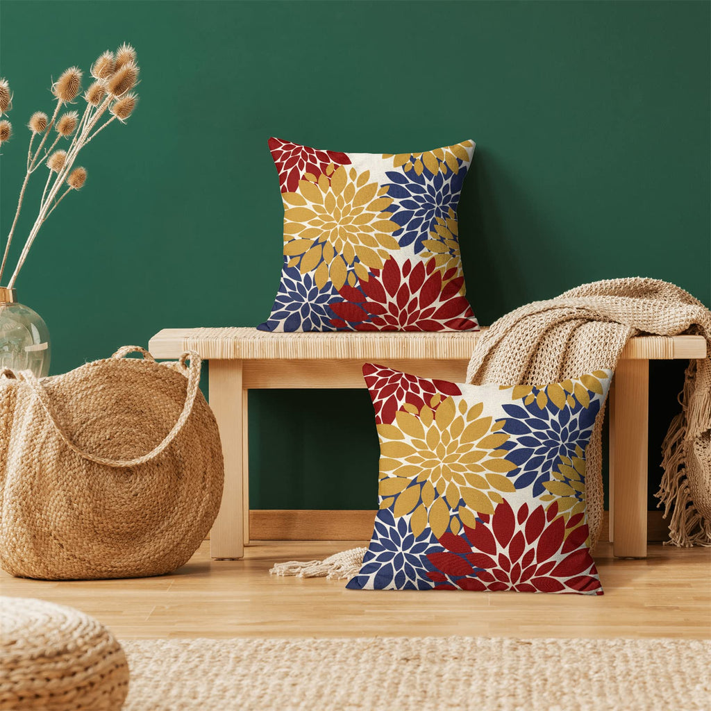 Cxmeifly Mustard Yellow Red Navy Blue Pillow Covers 20X20 Inch Set Of 2 Dahlia Floral Decor Throw Pillows Summer Modern Geometry