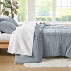 Comfort Spaces Blue/Grey Queen Size Duvet Cover Set - 3 Pieces Pintuck Pleated Duvet Cover Queen, All Season Lightweight, Extra Softness Pre-Washed Microfiber Queen Bedding Cover Shams, Queen