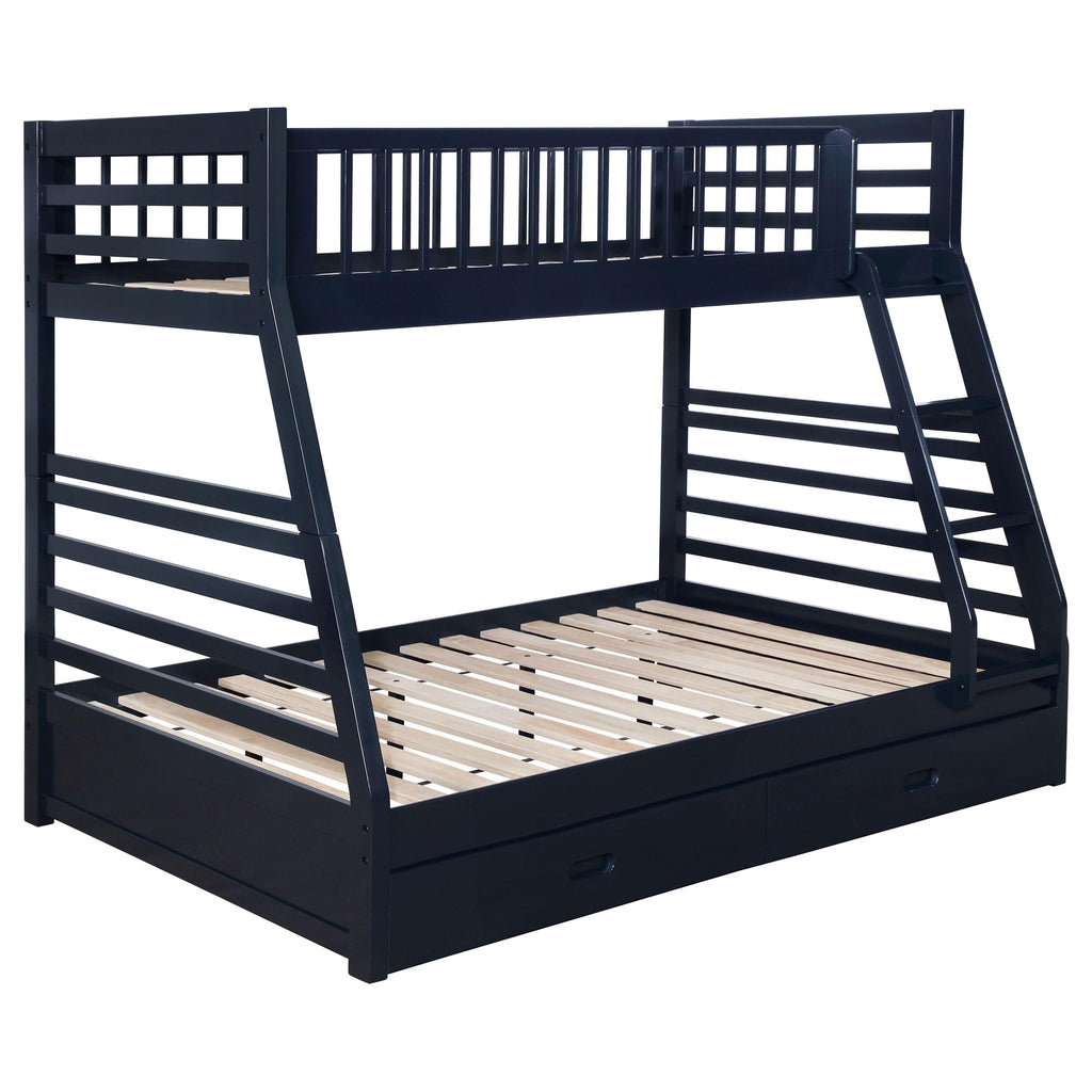 Coaster Home Furnishings Ashton Transitional Wood Twin Over Full Size Bunk Bed Frame with Ladder and Guardrails with Two Storage Drawers Fully Slatted Mattress Ready Foundation Navy Blue 460181