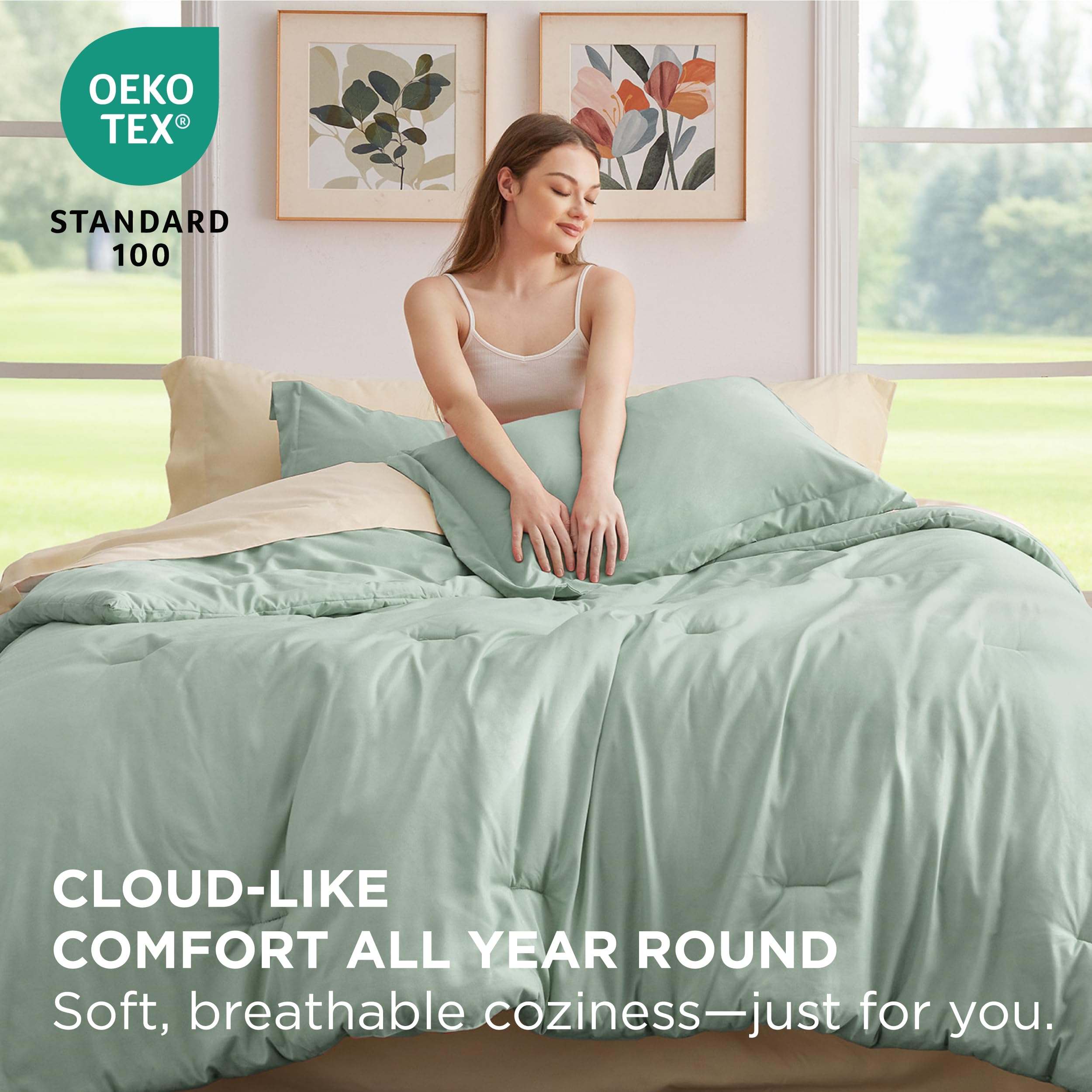 Bedsure Queen Comforter Set - 7 Pieces Sage Green Queen Bedding Set For All Seasons, Boho Contrasting Design Bed In A Bag With Comforter, Sheets, Pillowcases & Shams